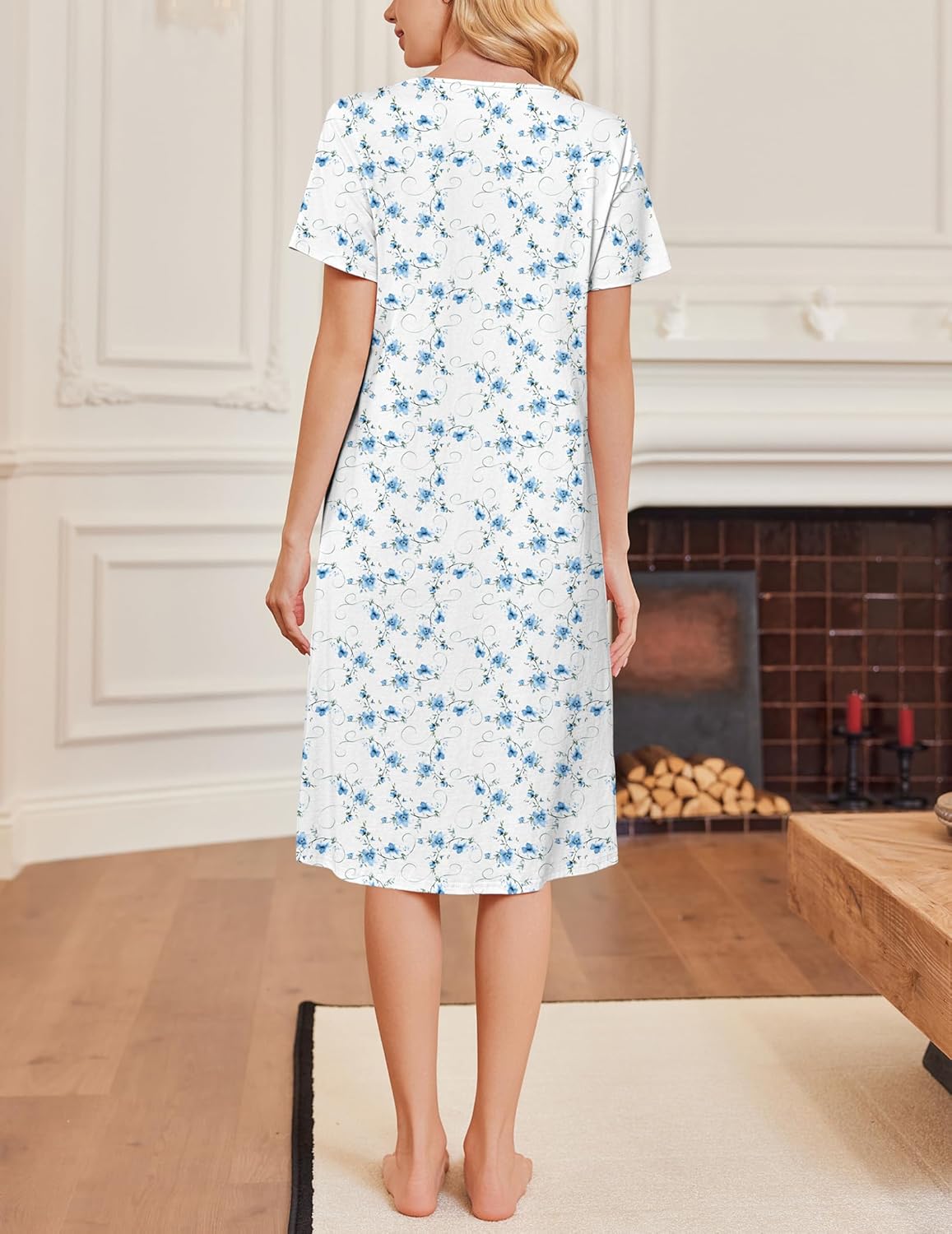 Ekouaer Cotton Nightgowns for Women Short Sleeve House Dress Pleated Night Gown Button Sleep Shirt Ladies Nightdress - Image 5