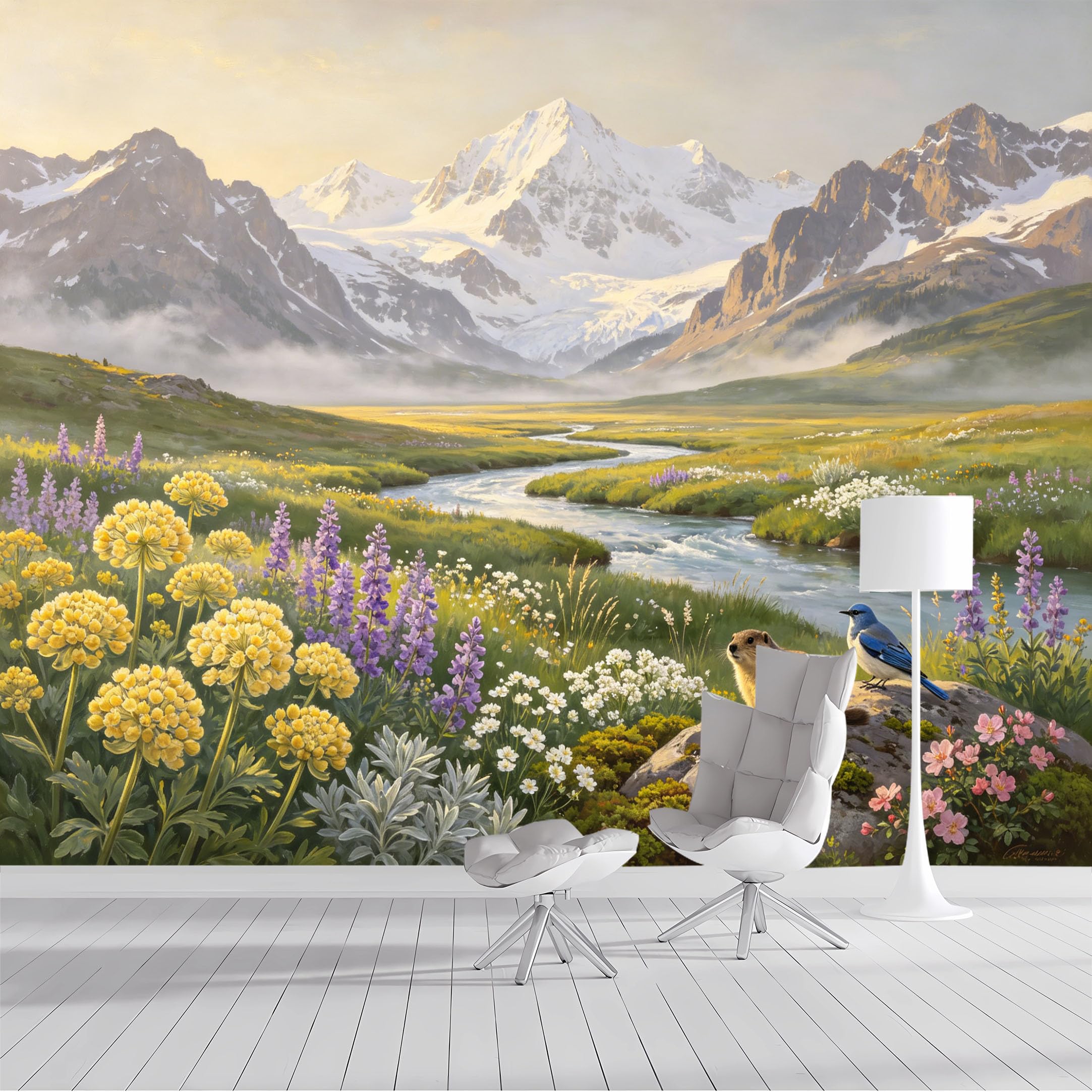 Custom Size Wall Mural Majestic Mountain Landscape with Wildflowers and Wildlife Oil Painting SelfAdhesive Wall Fabric Removable Peel and Stick Wallpaper for Living Room Bedroom Bathroom