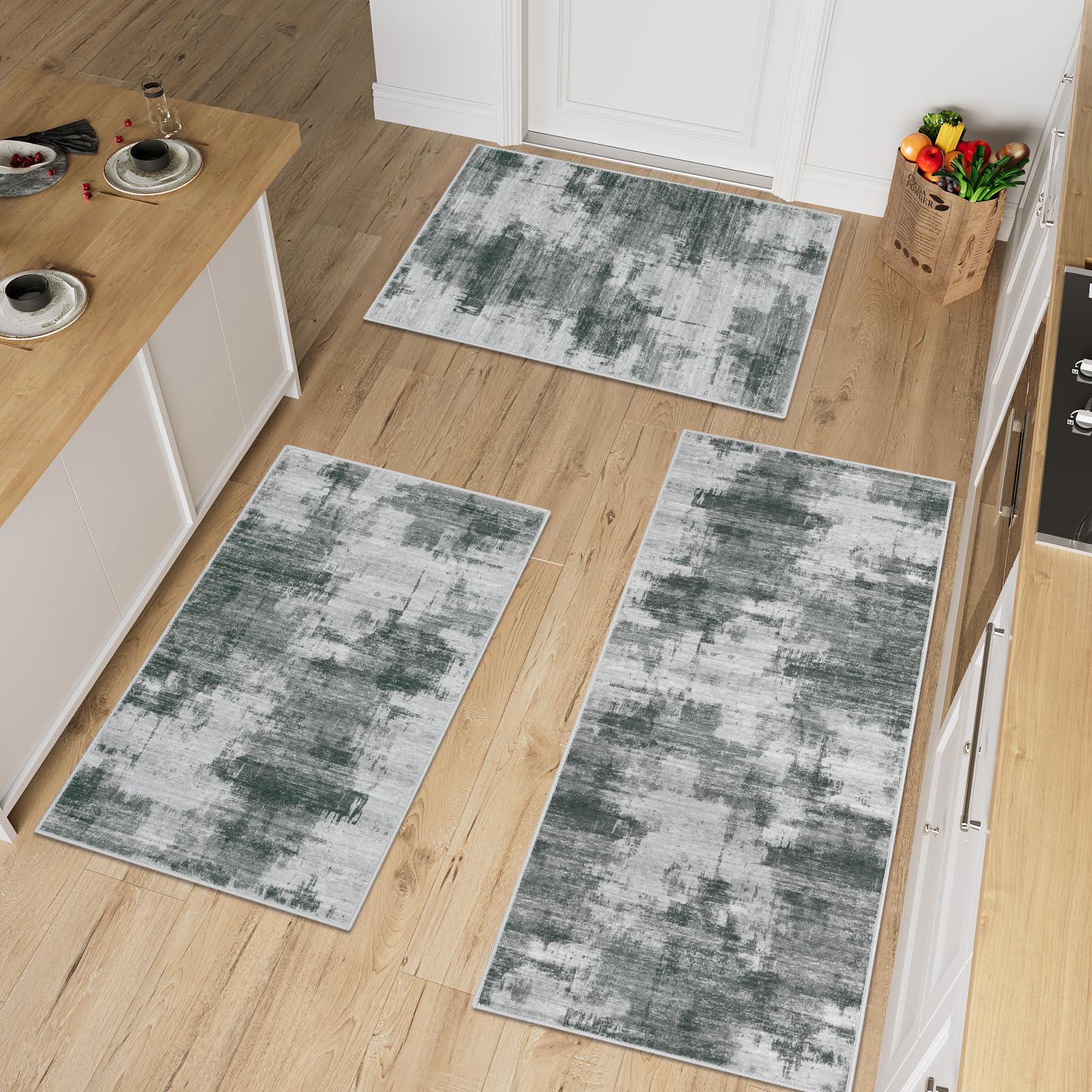 Famibay Lot de 3 Tapis Cuisine Devant Evier Tapis de Cuisine Antidérapant et Lavable pour Couloir Salle à Manger Entrée et Porte Gris Foncé 50x120cm + 50x80cm + 50x80cm
