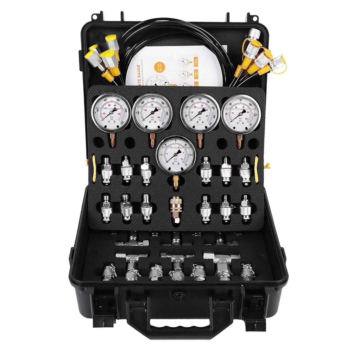 JEENDA Hydraulic Pressure Test Kit with 5 Gauges 13 Test Couplings 14 Tee Connectors 5 Test Hoses Compatible with Excavator Construction Machinery 10/100/250/400/600bar 150/1500/4000/6000/9000PSI