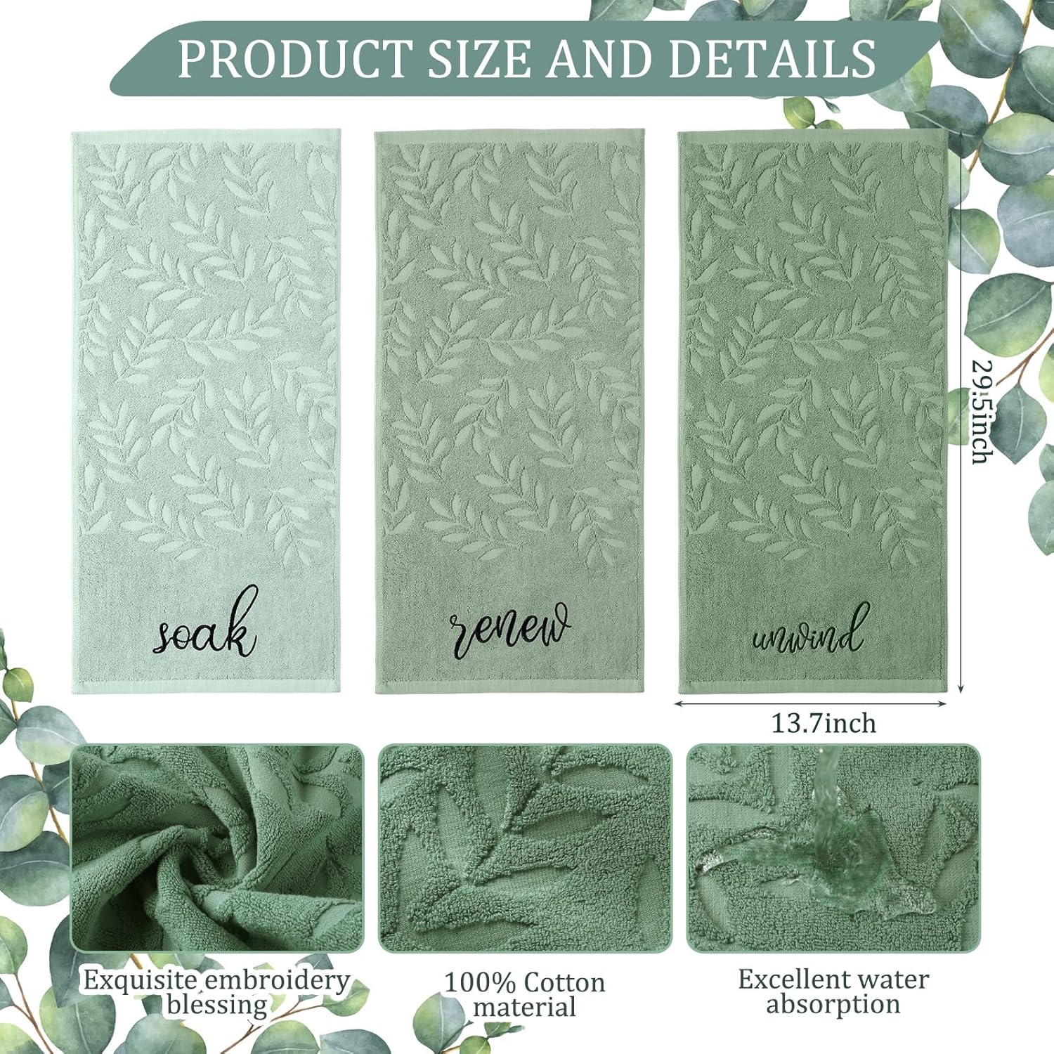 Moukeren 3 Pcs Sage Green Hand Towels for Bathroom 100% Cotton Jacquard Embroidered Soak Unwind Bath Towels Bathroom Spa Kitchen Dishcloth Gift Set Farmhouse Decorations(Green Leaves)