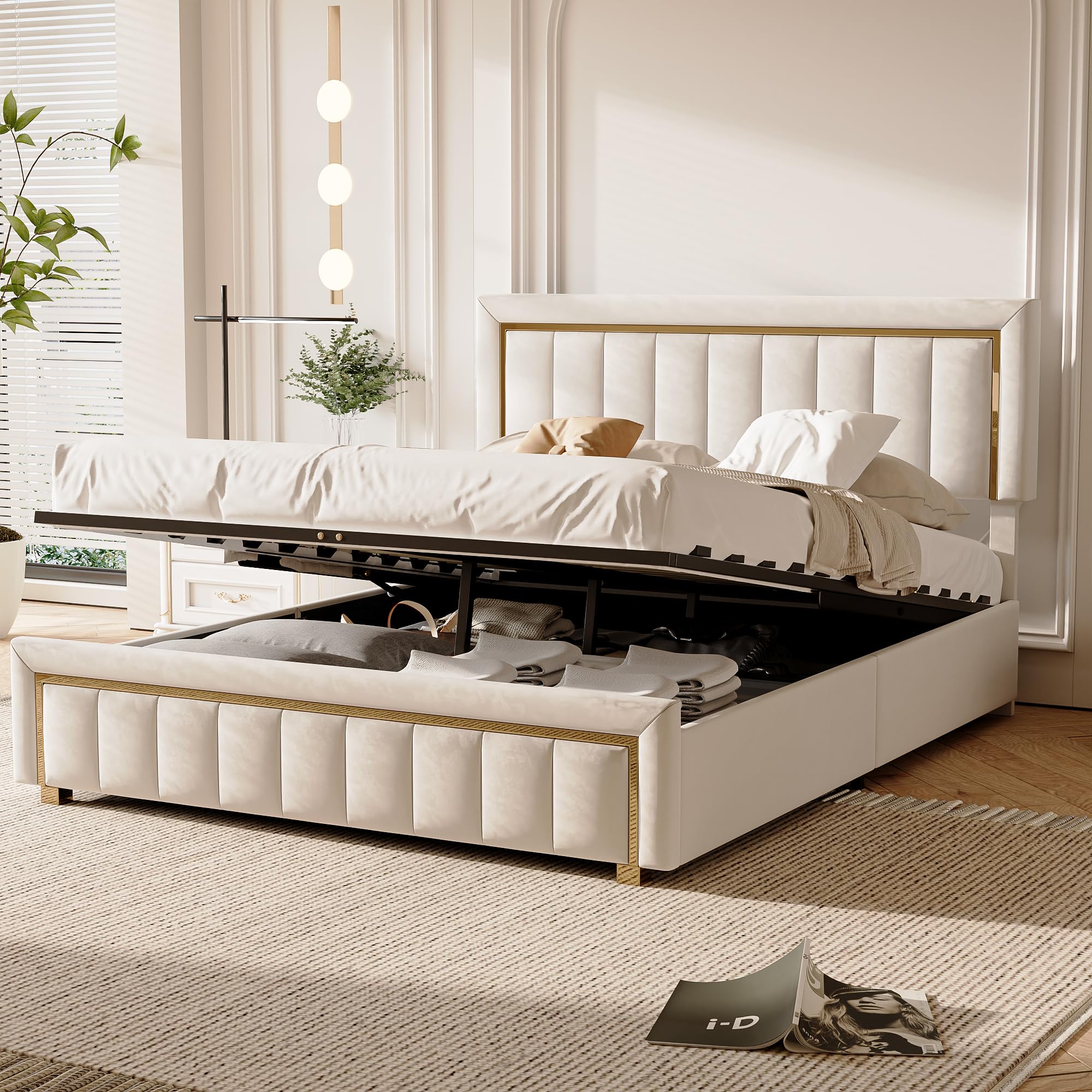Cama de Matrimonio 140x200 cm con Canapé Abatible, Cama Tapizada de Terciopelo con Gran Espacio de Almacenamiento, Cabecero y Pie de Cama Acolchados, sin Colchón, Beige