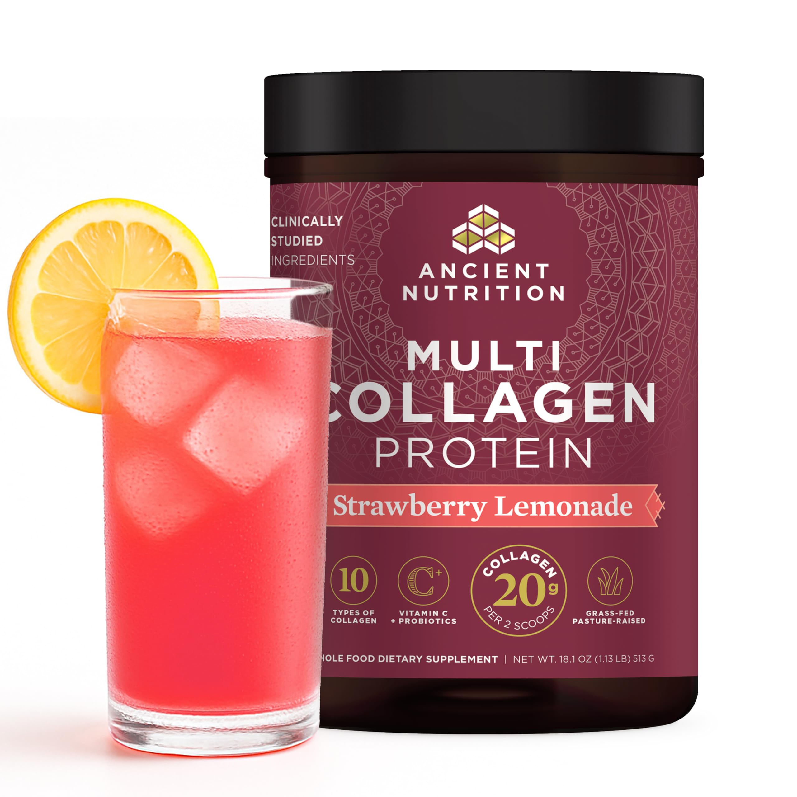 Ancient Nutrition Multi Collagen Protein, Strawberry Lemonade, 1.13 lbs (513 g)