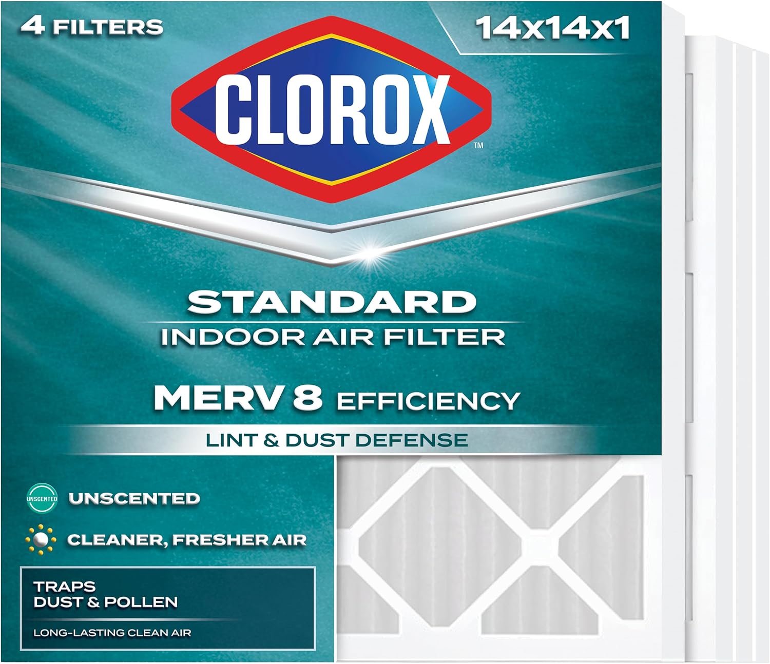 Clorox 14x14x1 Air Filter, MERV 8 with Carbon, Reduces Pet Smells, Cooking Smells and More, Pleated HVAC AC Furnace Filter, 4-Pack (Actual Size 13.75 x 13.75 x 0.75), Made in USA