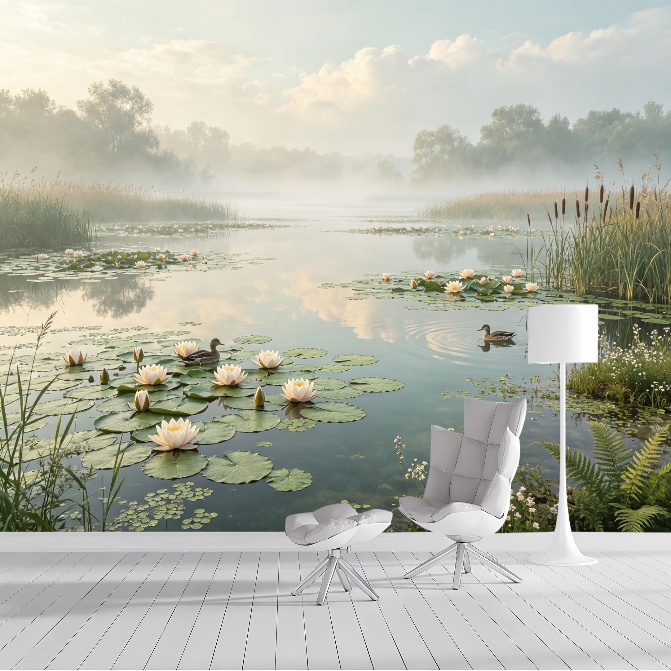 Custom Size Wall Mural Misty Lake Water Lily Duck Serene Landscape Oil Painting SelfAdhesive Wall Fabric Removable Peel and Stick Wallpaper Wall Decor for Living Room Bedroom Bathroom