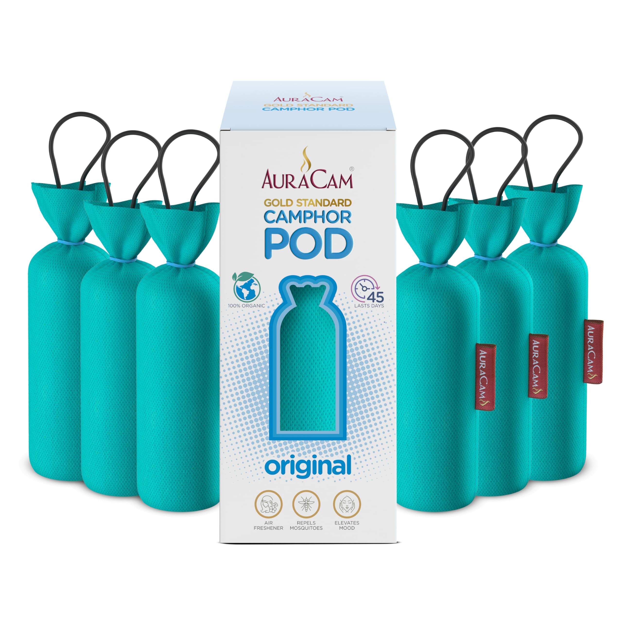 AuraCam Gold Standard Camphor Pod Cone Original- Set of 6 - Pod Air freshener For Room, Car, Bathroom, Office & Toilet | Long-Lasting Cone for Home