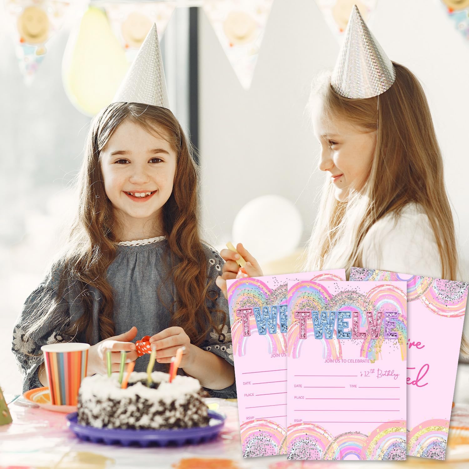 Rainbow 12th Birthday Invitations Girl, Glitter Twelve Birthday Party Invites, 12 years old Invitations With Envelopes For Kids Party Decorations Celebration (20 pcs) /BIR-04