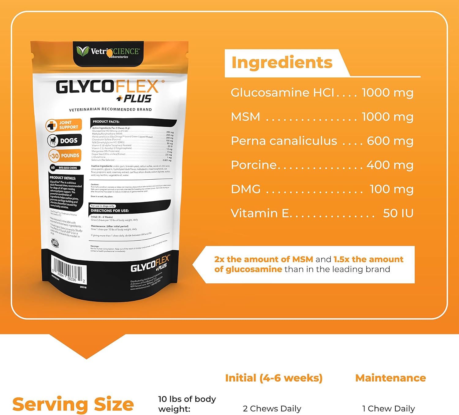 VETRISCIENCE Glycoflex Plus Chondroitin Maximum Strength Hip and Joint Supplement for Dogs with Glucosamine and MSM - Clinically Proven Ingredients - Increase Hind Leg Strength in 4 Weeks : Everything Else
