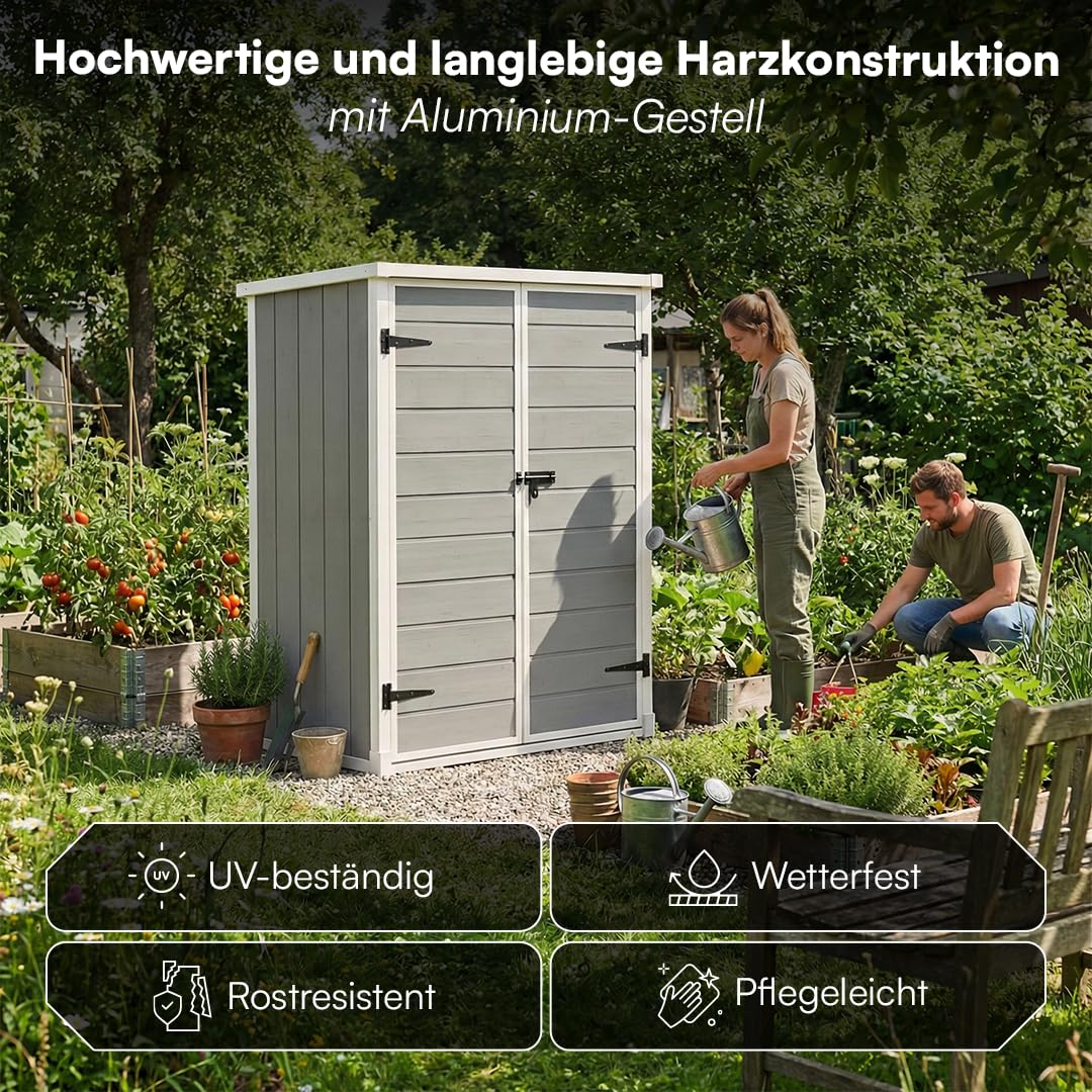 STEELSØN Novara Gerätehaus – Geräteschuppen mit Pultdach – Gartenhaus 170x68,5x134 cm (HxTxB) – Gartenschuppen aus Kunststoff Grau – Gartenhütte mit 2 Fächern – Gerätehütte rostfrei – Schuppen Garten