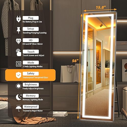 Miniatura 7 de Hasipu Espejo de longitud completa con luces, 65 x 22 pulgadas, espejo LED iluminado de pie de pie de longitud completa, espejo de cuerpo completo