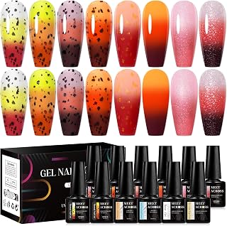 MEET ACROSS 12Pcs Color Changing Gel Nail Polish Amber Gold Foil Mood Temperature Change Gel Nail Polish Set Glitter Pink Eggshell Gel Polish Kit Fall Winter Gifts