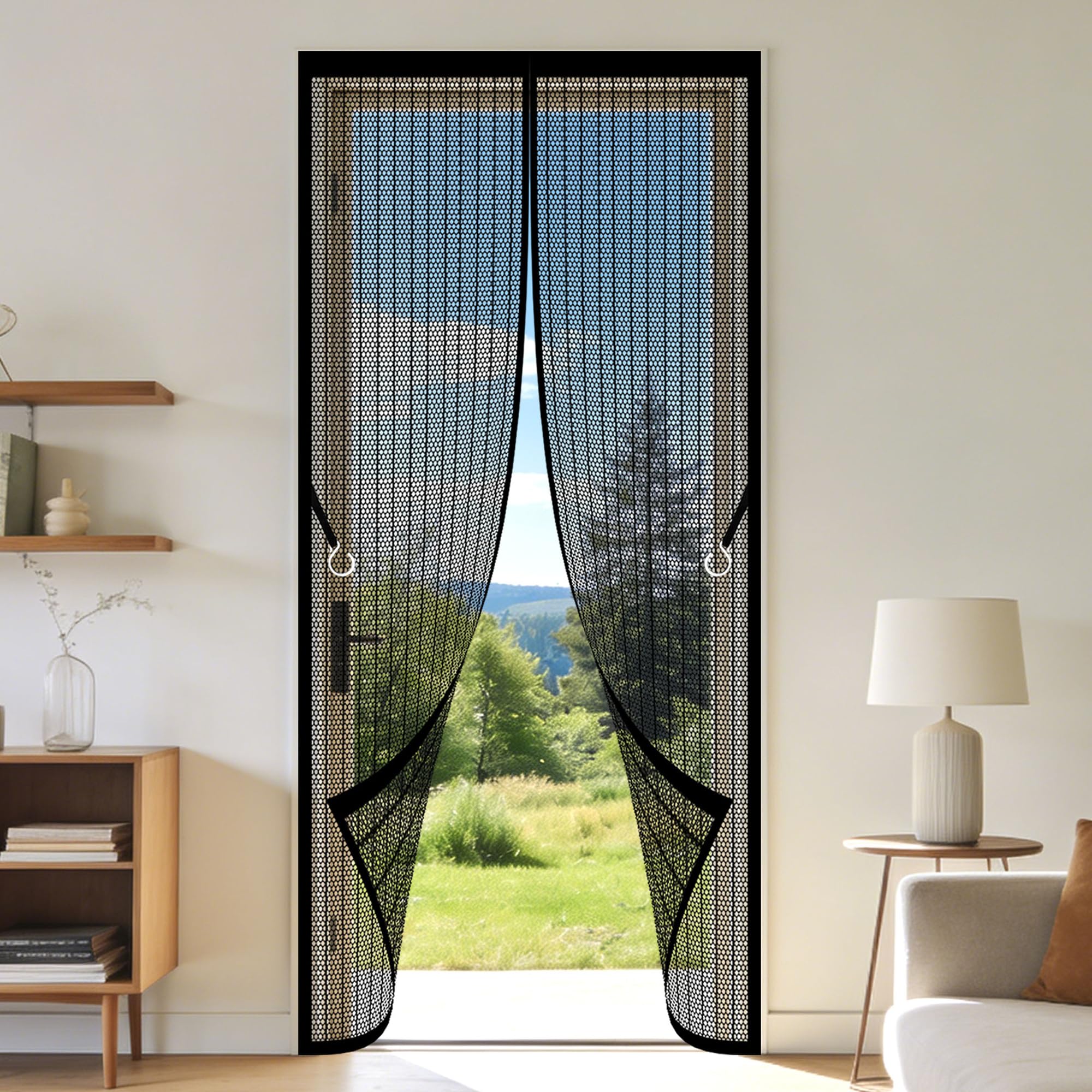 Zhiqxue Black Magnetic Screen Door 111 X 281 Cm Full Frame Magic Tape Bug Mosquito Insects Screen Hands Free Auto Closing For Home, Bedroom, Living Room, Kitchen, Patio,