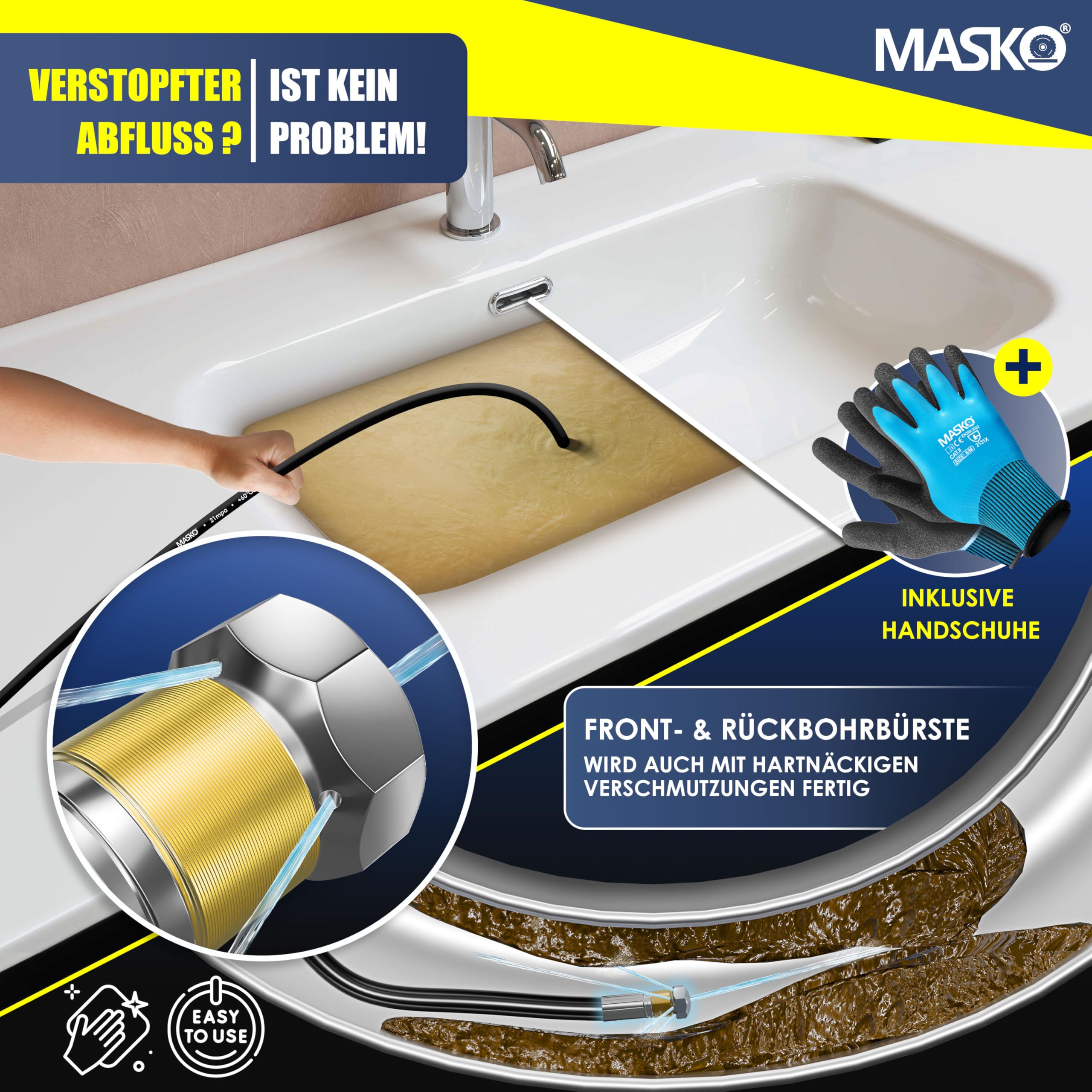 MASKO Rohrreinigungsschlauch Set 15m 200 bar kompatibel mit Kärcher K2-K7 LAVOR Hochdruckreiniger