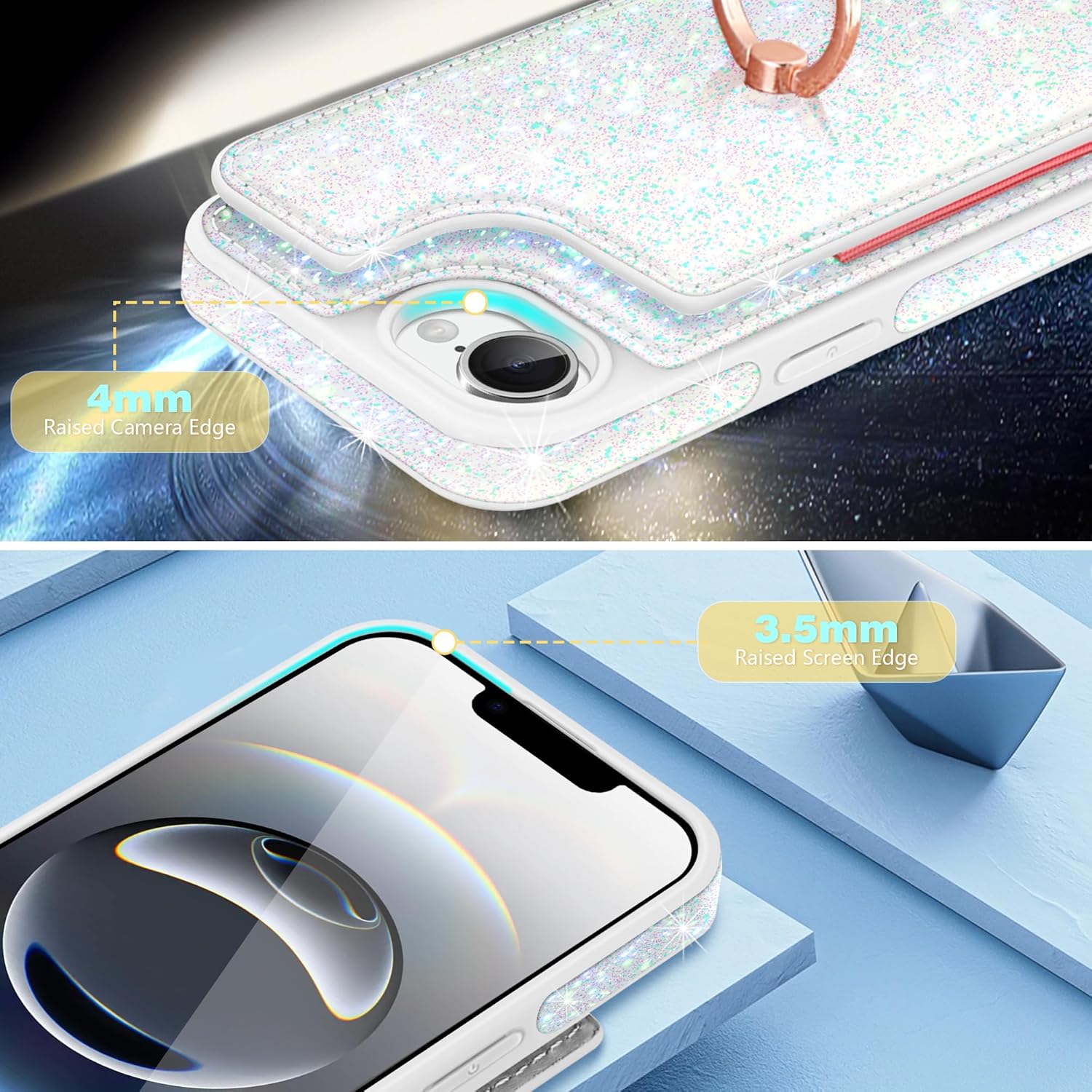 Wallet Case Compatible with iPhone 17e & iPhone 16e,Glitter Flip Case with 5 Card Holder 360°Rotation Ring Stand Shockproof Cover Women Girls Shiny PU Leather Case for iPhone 17e/16e,White