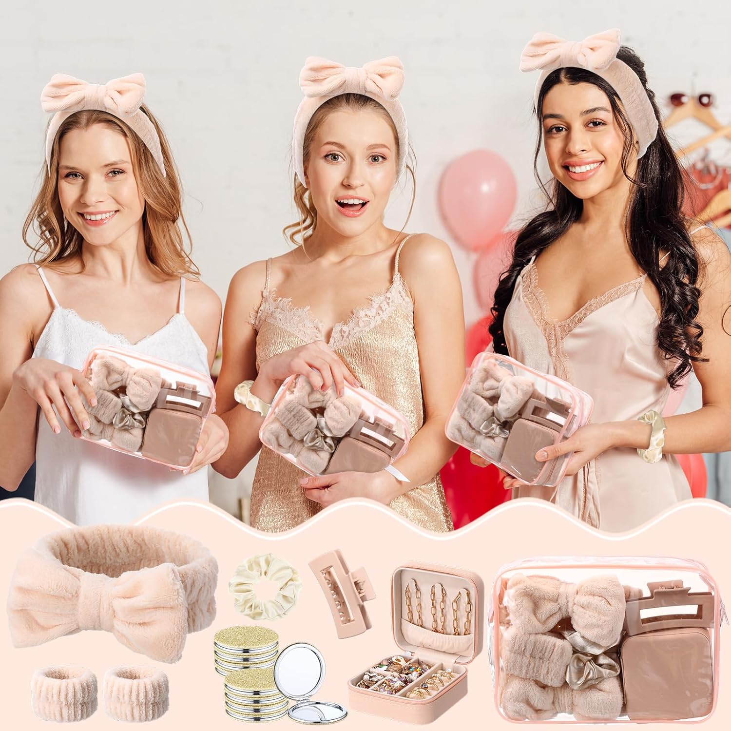 48 Pcs Spa Party Favors Sleepover Party Supplies Bow Headband Wristband Scrunchies Hair Clip Jewelry Case Makeup Bag Mirror for Women Bridesmaid Gifts Graduation Gift (Beige)