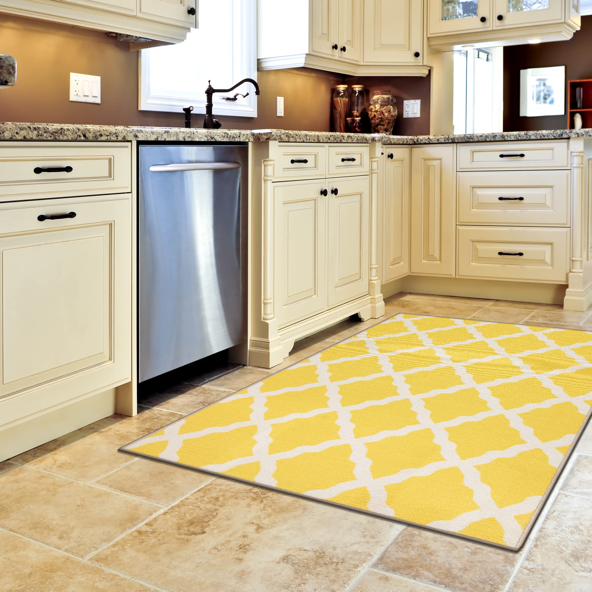 Ottomanson Glamour Collection Non-Slip Rubberback Moroccan Trellis Design 3x5 Indoor Area Rug, 3'3" x 5', Yellow