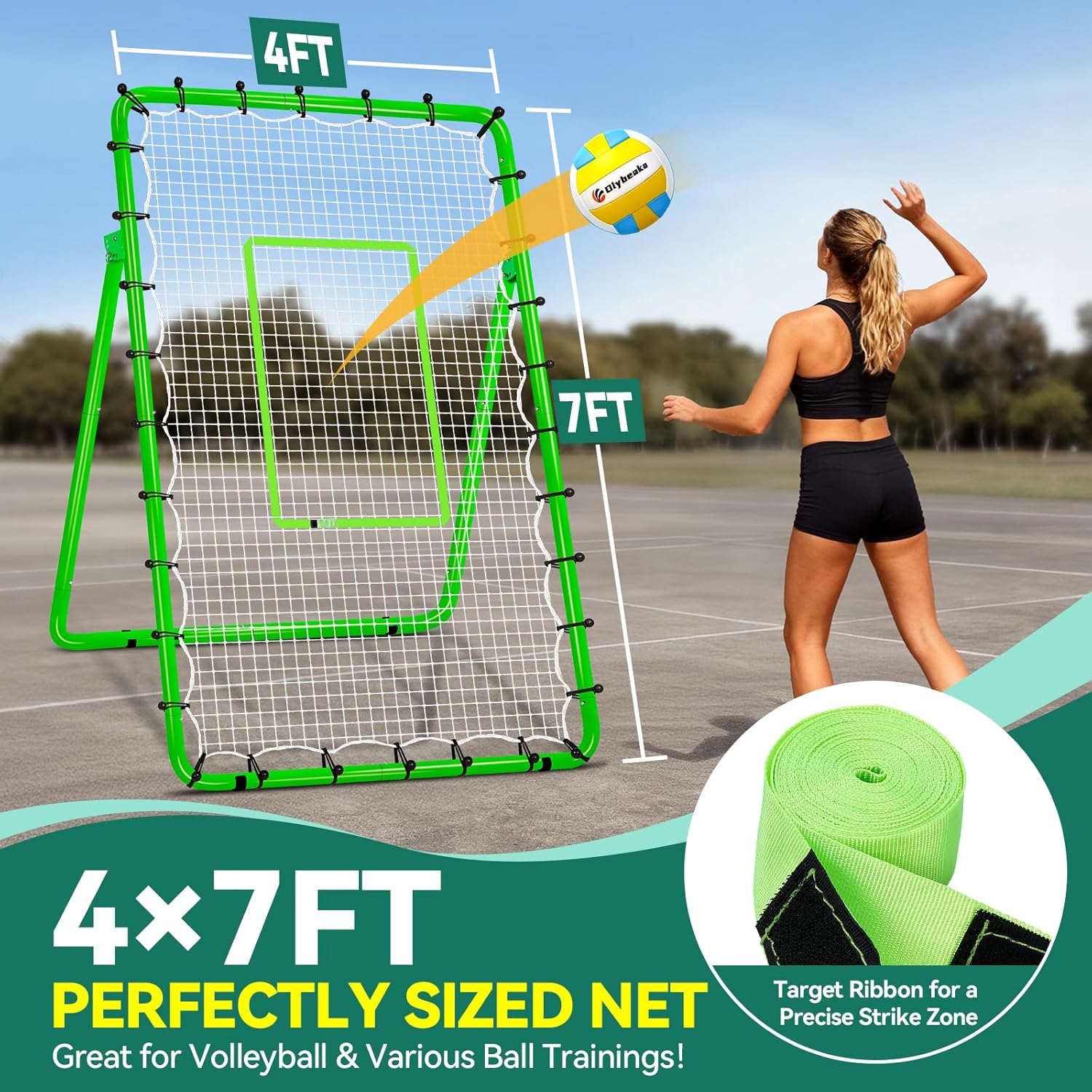 6-Angle Adjustable Volleyball Rebounder Net 7x4ft, High Stable Bounce Back Training Equipment for Practicing Volleying Bumping Spiking with High-Tension Net, PU Volleyball and Pump, Stakes