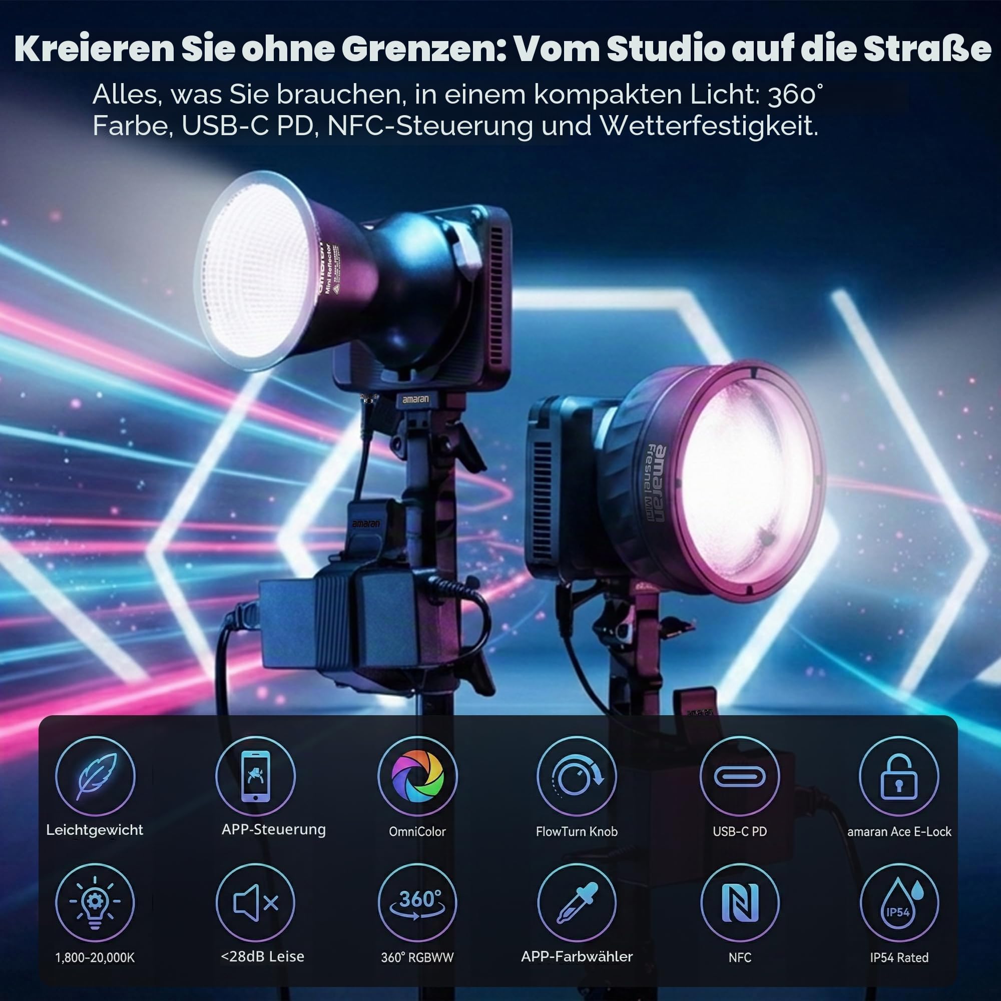Amaran Ray 120c Vollfarb-COB-LED-Videoleuchte, 120 W, ultrakompaktes Reiselicht mit Octa Dome 30 Softbox, USB-C PD Power, IP54, OmniColor Engine, 2300K-10.000K, App/NFC Steuerung, Bowens-Mount