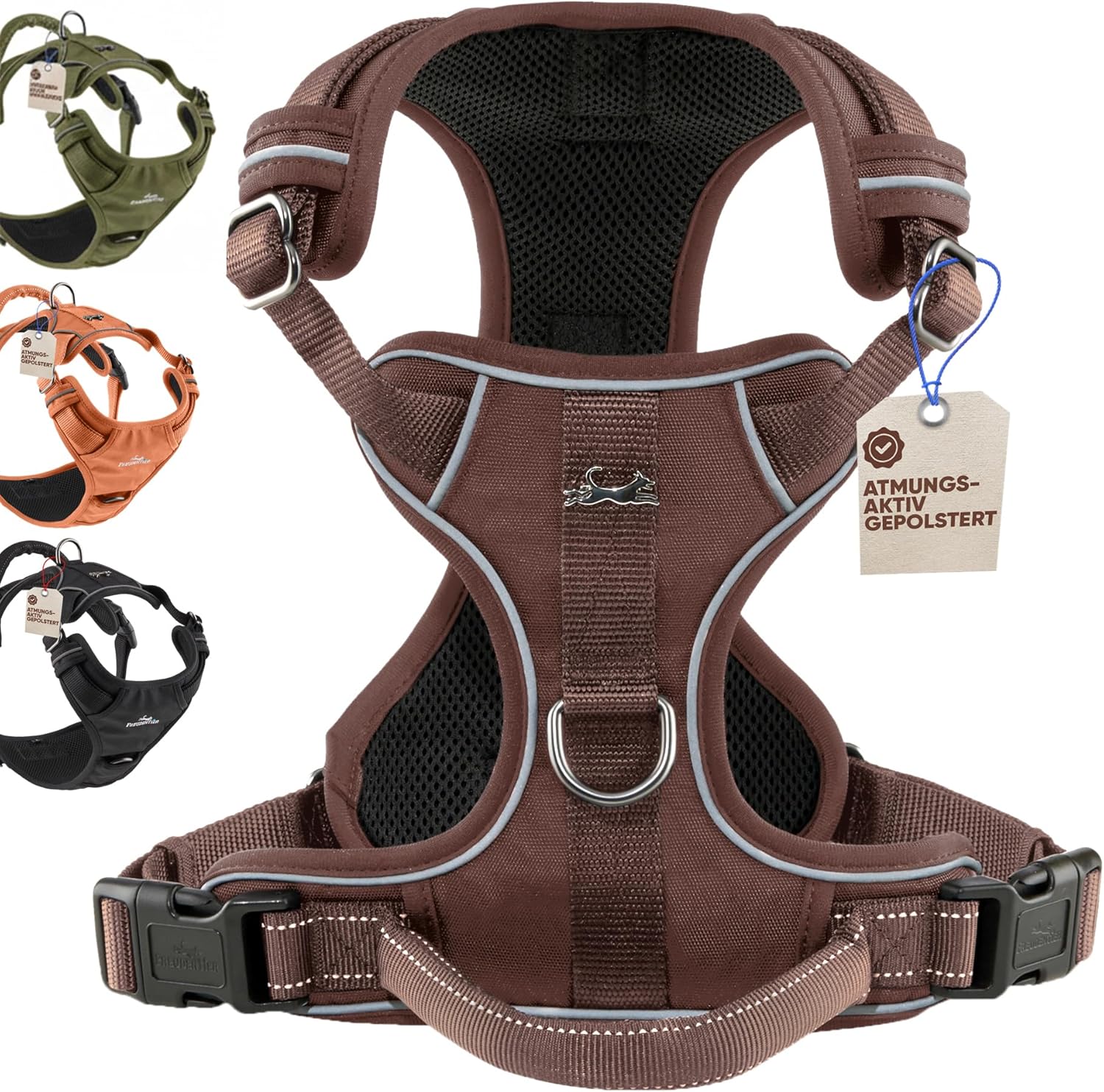 FREUDENTIER Hundegeschirr mit Griff, atmungsaktiv gepolstert - Bombenfester Sitz & maximale Sicherheit - Anti Zug Hundegeschirr kleine, mittelgrosse & Grosse Hunde - Hunde Geschirr (Braun,L)