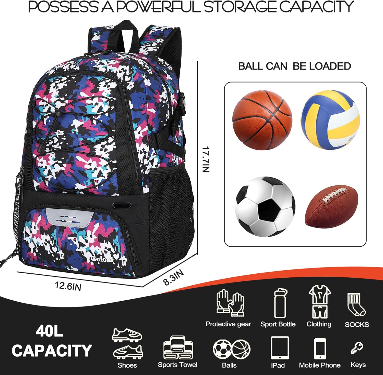 Goloni Basketball Backpack,Large Sports Bag with Ball Compartment & Shoe Compartment,Basketball Bag Fit Volleyball, soccer,Gym - Image 5
