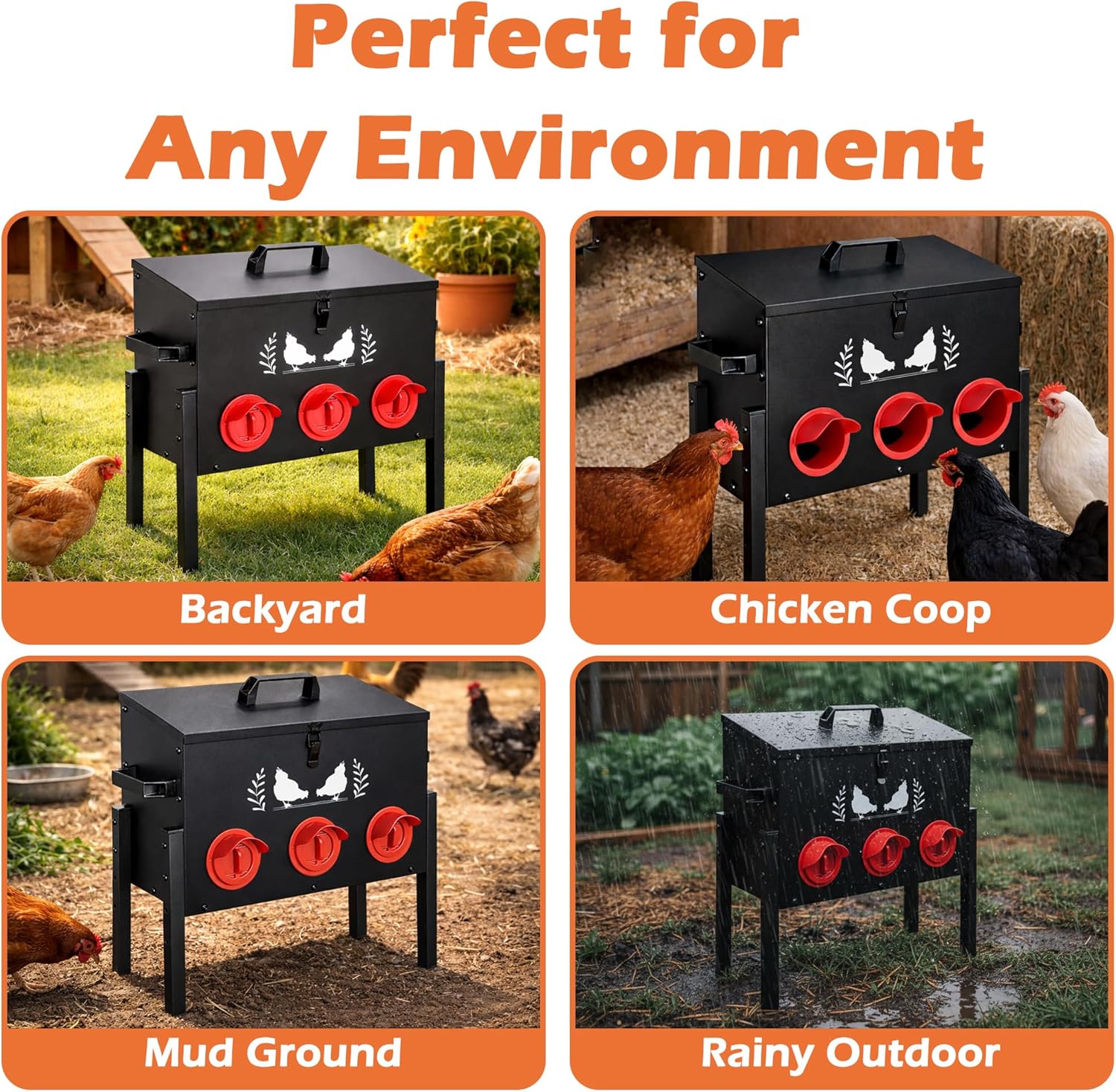 Large Capacity Automatic Chicken Feeder, 6 Port Chicken Feeder, 28LB Metal Chicken Feeders with Locking Lid & Adjustable Legs, No Waste Chicken Feeder, Black