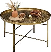 Vista 1 de HOMCOM 24" Round Coffee Table with Hammered Tray Top, Vintage Metal Center Table for Living Room, Bedroom, Side Table, Gold