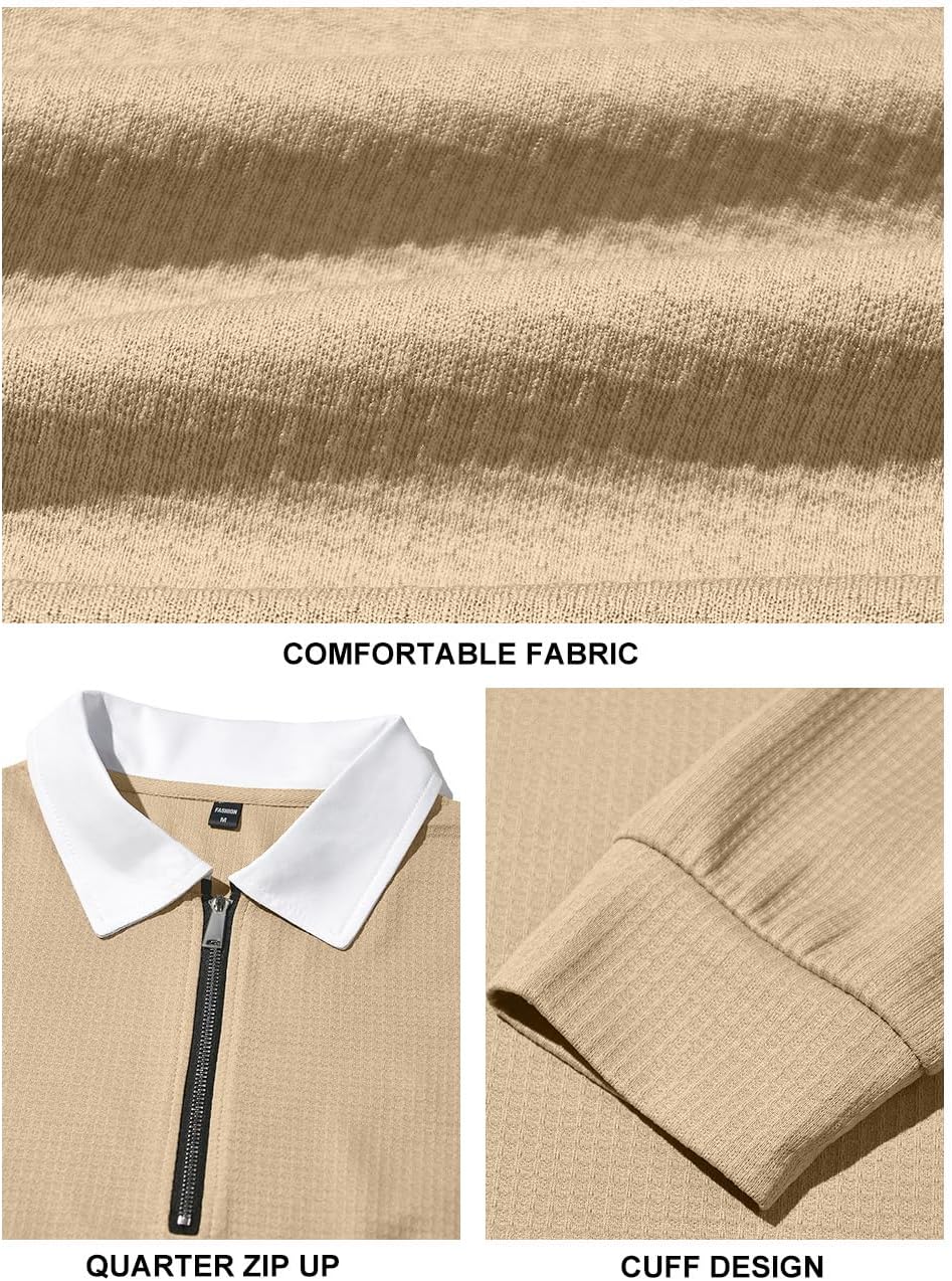 Men's Quarter Zipper Polo Shirts Long Sleeve T-Shirts Collared Casual Pullover Outdoor Waffle Sweatshirts