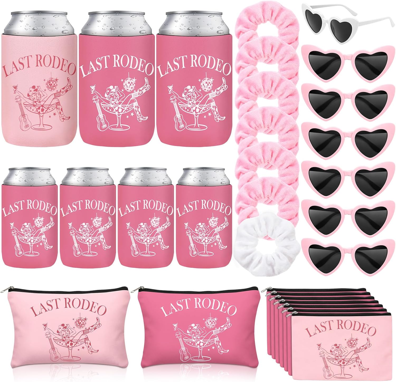 Sawysine 28 Pcs/7 Set Last Rodeo Pink Bachelorette Party Supplies for Nashville Western Cowgirl Bachelorette Bridal Shower Party Decor Bridesmaid Favors with Can Sleeve Makeup Bag Scrunchie Sunglass
