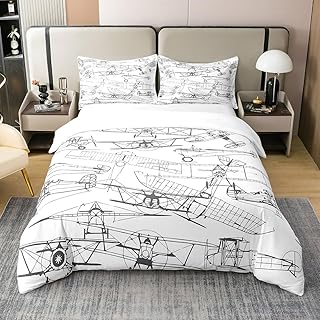 Airplane Duvet Cover Set 100% Cotton King Size Kids Aircraft Comforter Cover Set for Boys Teens Flight Bedding Set Helicopter Flying Plane Grey and White Bedspread Cover Room Decor Quilt Cover