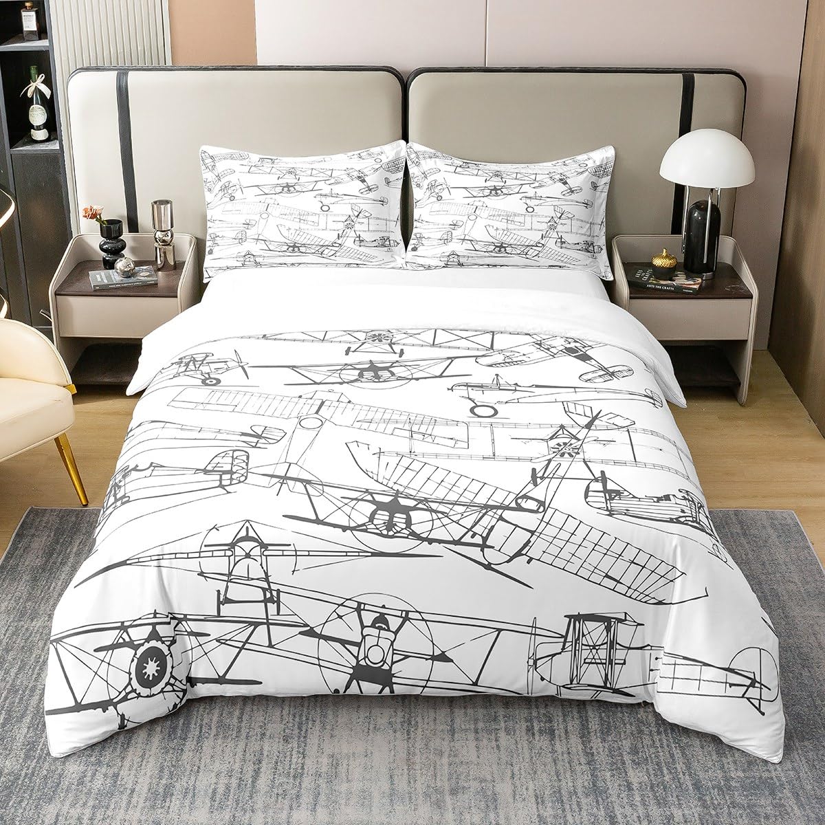 Airplane 100% Cotton Duvet Cover Set Double Size Kids Aircraft Comforter Cover Set for Boys Teens Flight Bedding Set Helicopter Flying Plane Grey and White Bedspread Cover Room Decor Quilt Cover โ image 1