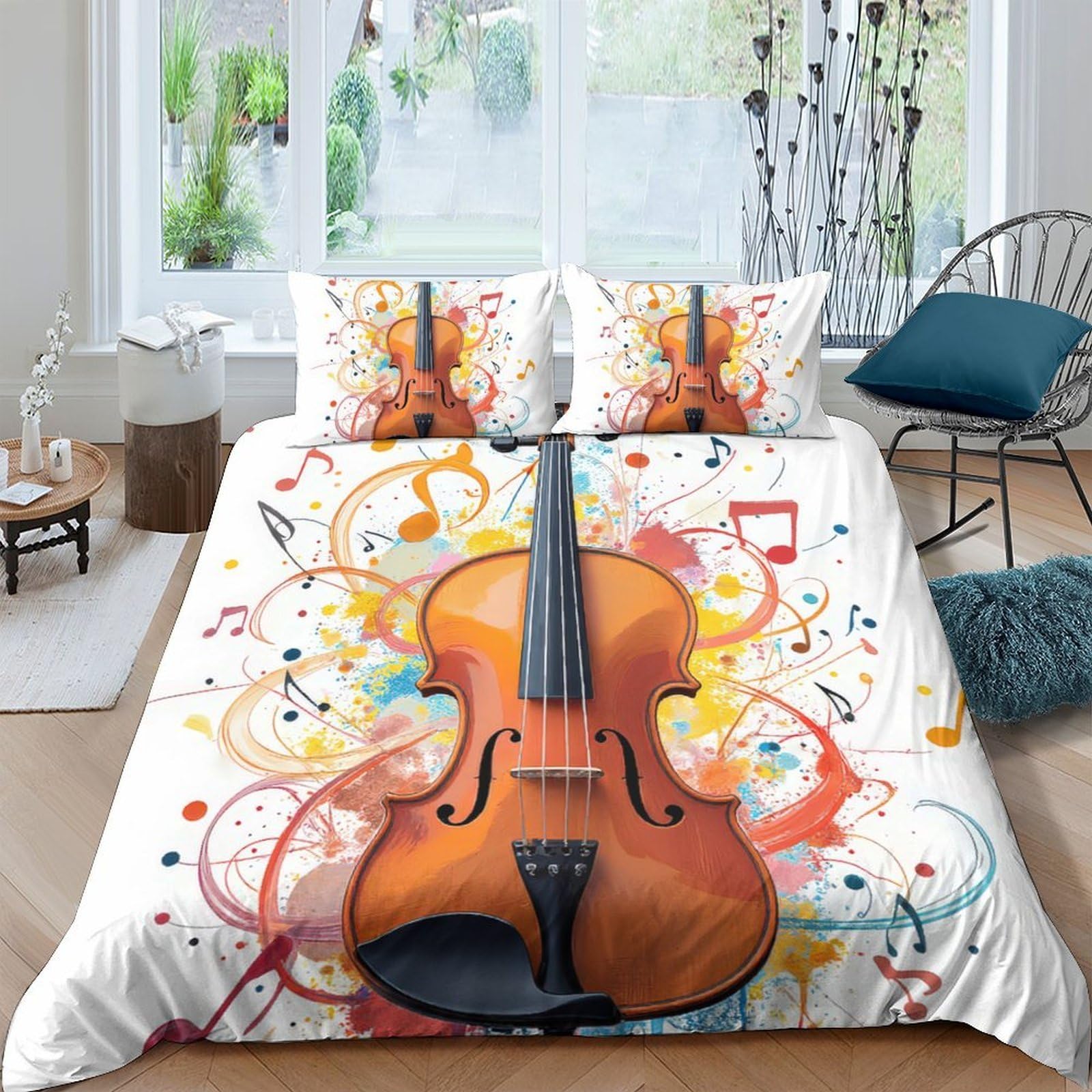 Ctjqhvkz Style-8 3D Printed Violin Music Fitted Sheet Microfiber Artistic Notes Mattress Cover For Bedroom Decor Machine Washable Single（135X200cm）