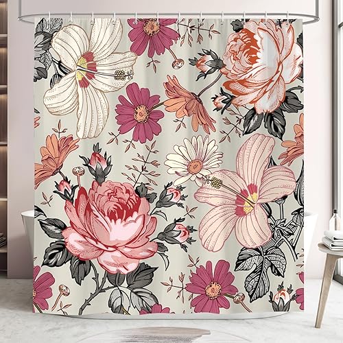 Miniatura 2 de Cortina de ducha bohemia con diseño retro floral de tela impermeable para decoración de baño, 72 x 72 pulgadas