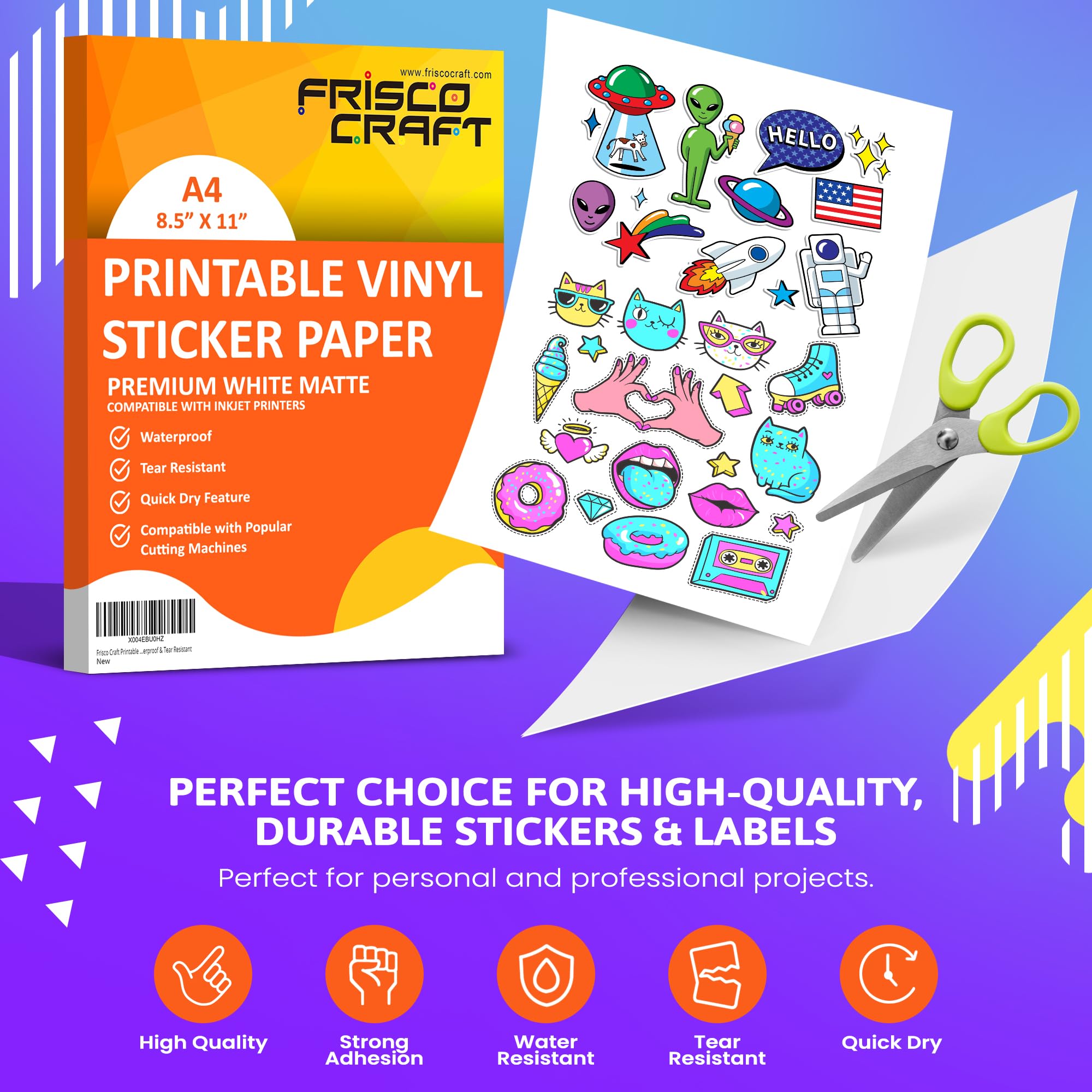 Frisco Craft Papel adhesivo de vinilo imprimible de alta calidad para impresoras de inyección de tinta, mate, 8.5 x 11 pulgadas (A4), resistente al agua, duradero, hojas fáciles de despegar para