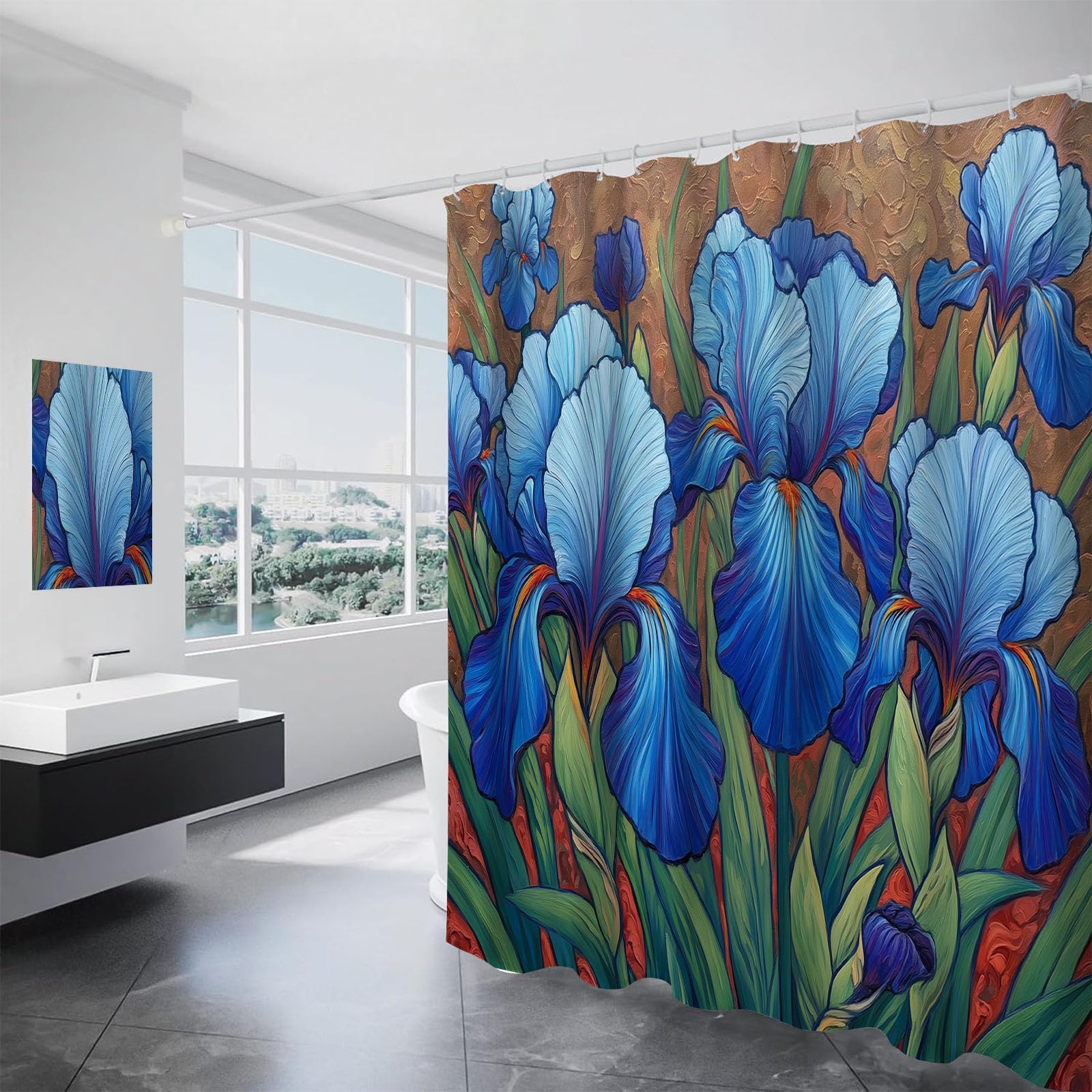 Rideau de douche iris imprimé botanique bleu indigo imperméable 150x180cm pour rideaux de baignoire