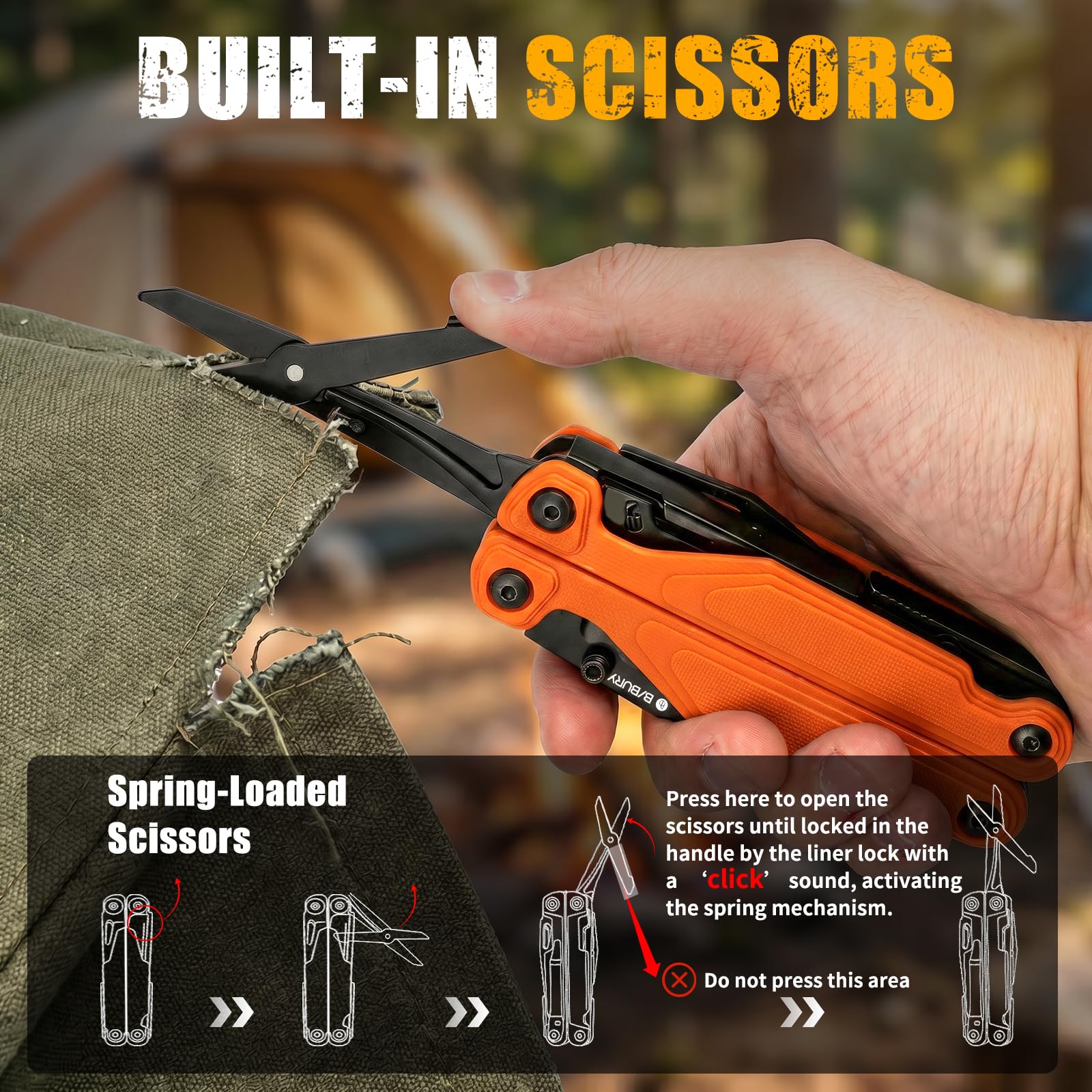 BIBURY Multiherramienta con Mango G10, Alicates Multiusos, Navaja Multiusos con Apertura con Una Mano, Tijeras y Puntas, EDC Multitool para Camping, Senderismo, Reparar y Regalo Hombre (Naranja)
