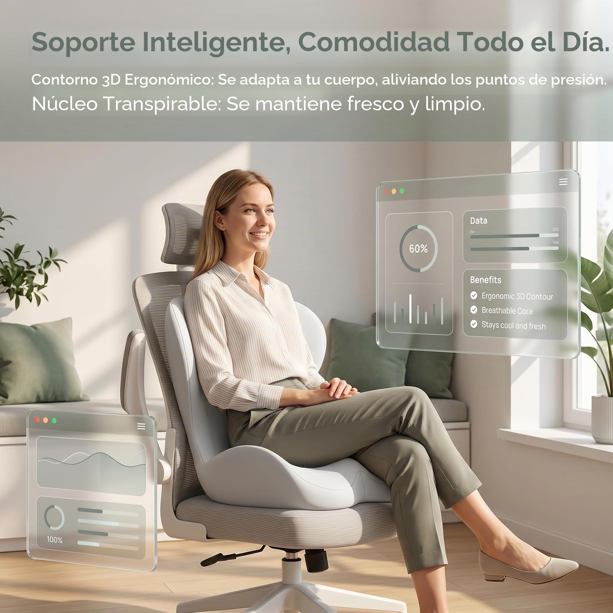 Cojín Lumbar y Asiento con Espuma de Memoria, Cojín para Coxis y Espalda | Soporte Ergonomico para Silla Oficina y Coche, Funda Transpirable Antideslizante