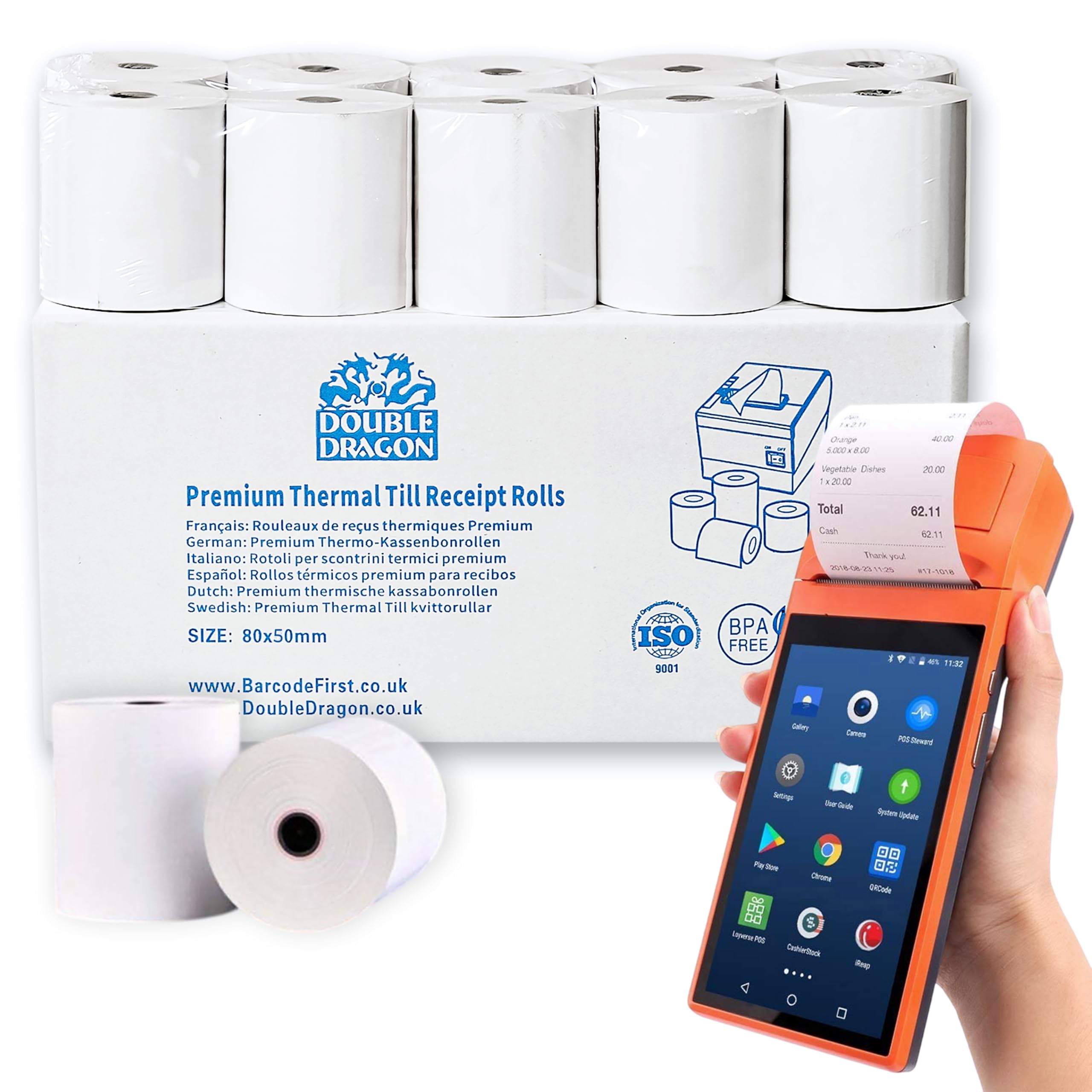 Double Dragon 80x50mm Thermal Paper Rolls, 20 Rolls | BPA-Free POS Receipt Paper | Compatible with Mobile POS, Just Eat Receipt Printer Rolls, Uber Eats Delivery Machines, Epson, Square & Star