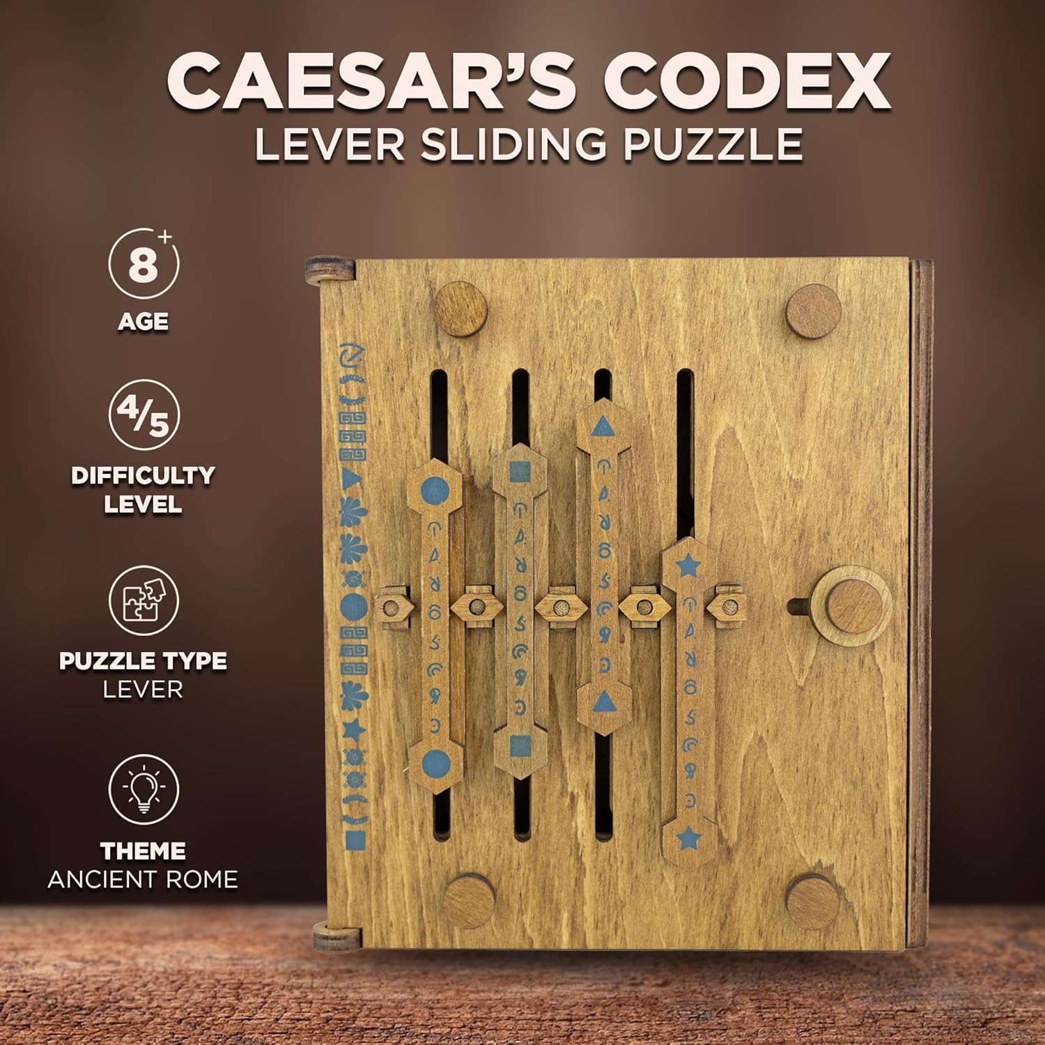 Project Genius: True Genius - Caesar's Codex, Wood Brainteaser Puzzle, Based on Ancient Artifacts, Play and Then Display, For Ages 14 and up