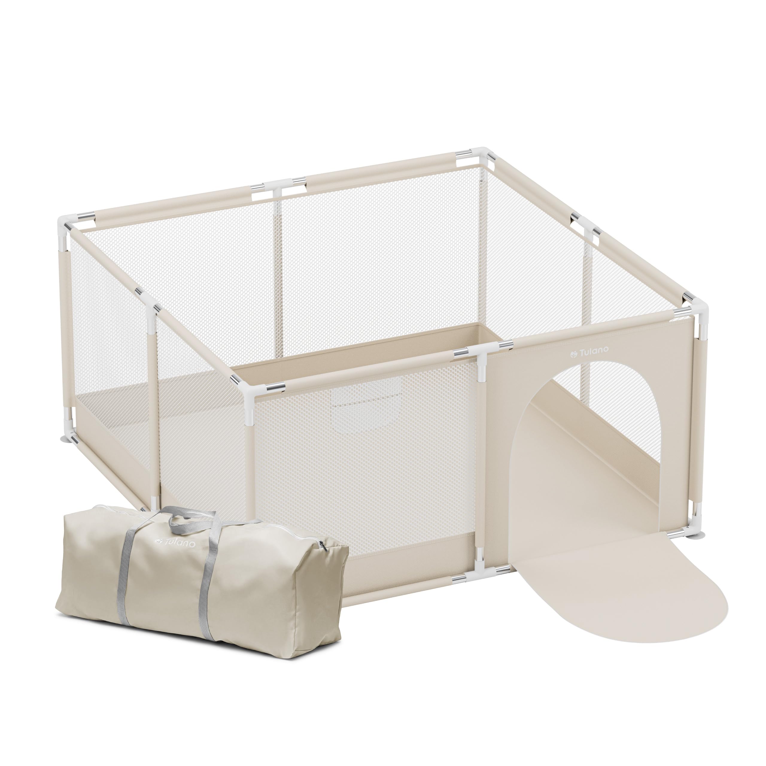 Tulano Cozy 20 Laufstall Baby 130x130 cm mit Boden – Spielgitter für Babys 6 bis 36 Monate – Tragbar Innen Außen – Faltbar – Netzwände – Metallrahmen – Kinderschutz – Reisegitter – Laufgitter – Beige
