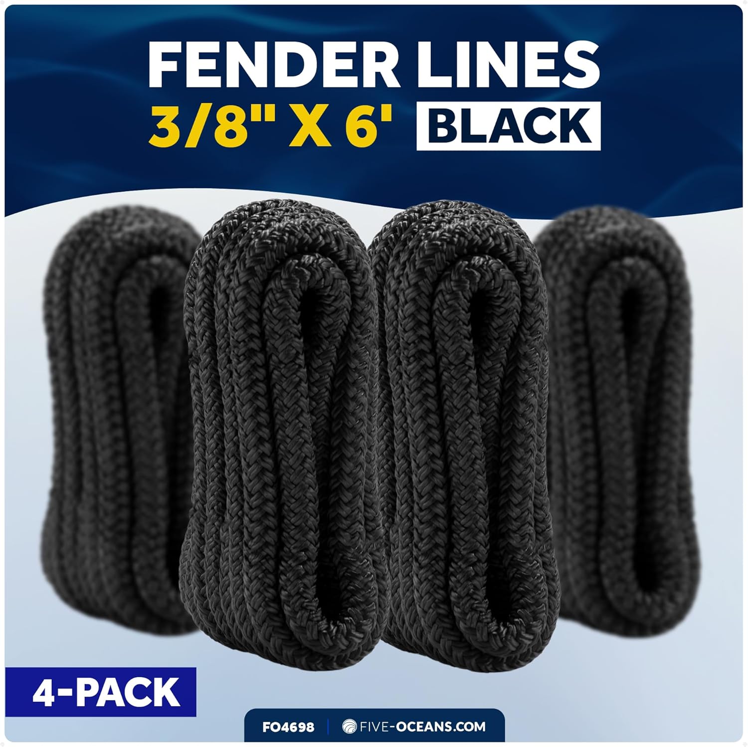 Five Oceans 3/8" x 6' Boat Fender Lines with 5" Eyelet, Boat Ropes for Docking with Loop, Marine-Grade Black Premium Nylon Double Braided Boat Rope, (Pack of 4) - FO4698