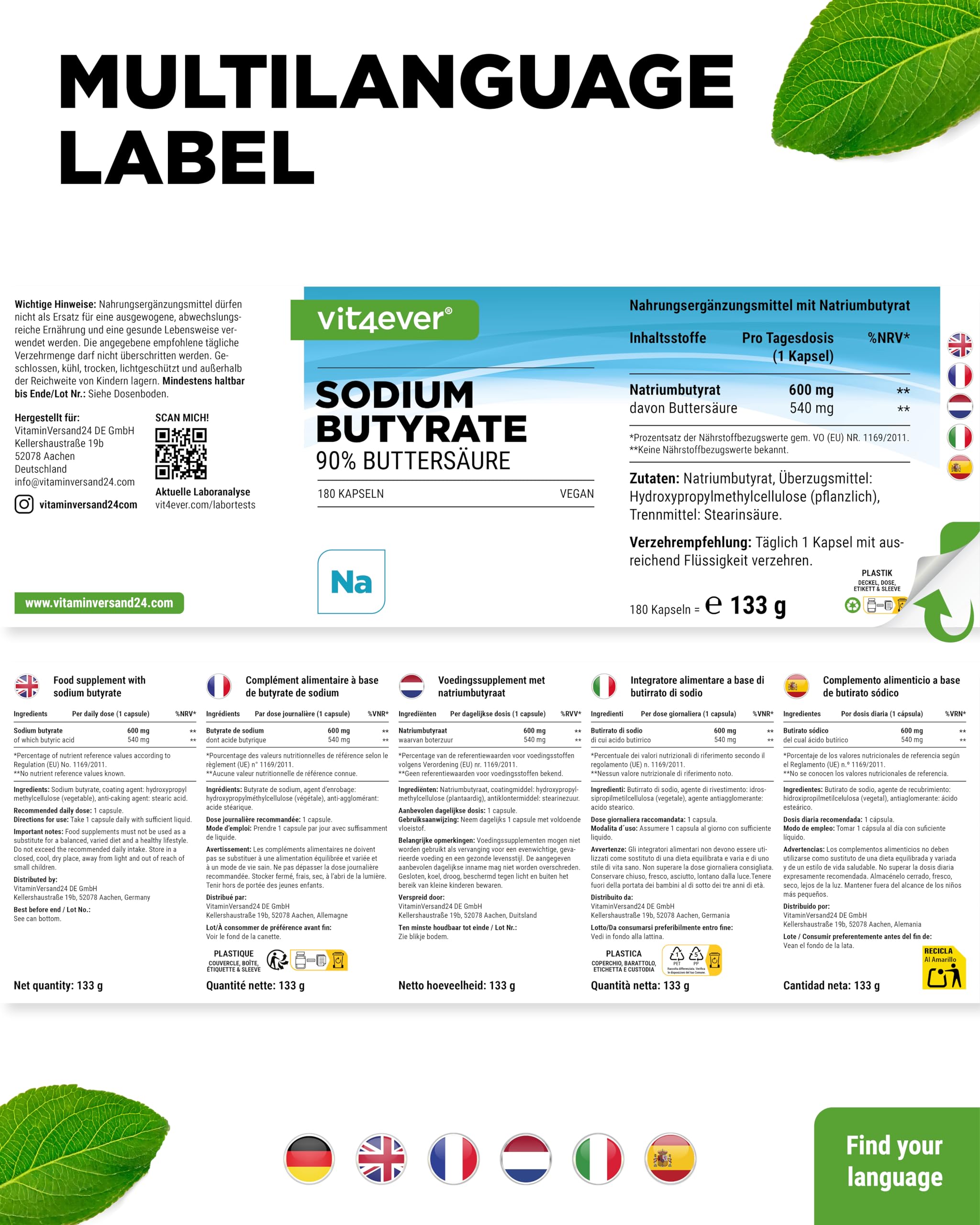 vit4ever Sodium Butyrate - 180 Kapseln - 600 mg - 90% Buttersäure | 540 mg Buttersäure pro Kapsel, reines Natriumbutyrat, hochdosiert, vegan