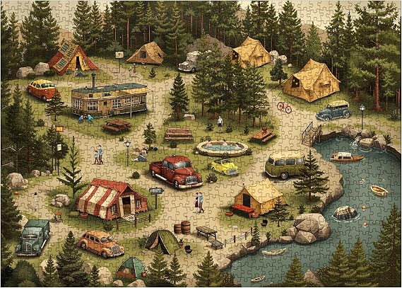Vintage Forest Camping Puzzle for Adults 1000 Pieces, Rv Outdoor Lake Scenic Jigsaw Puzzles, Cozy Nature Family Campsite Puzzle