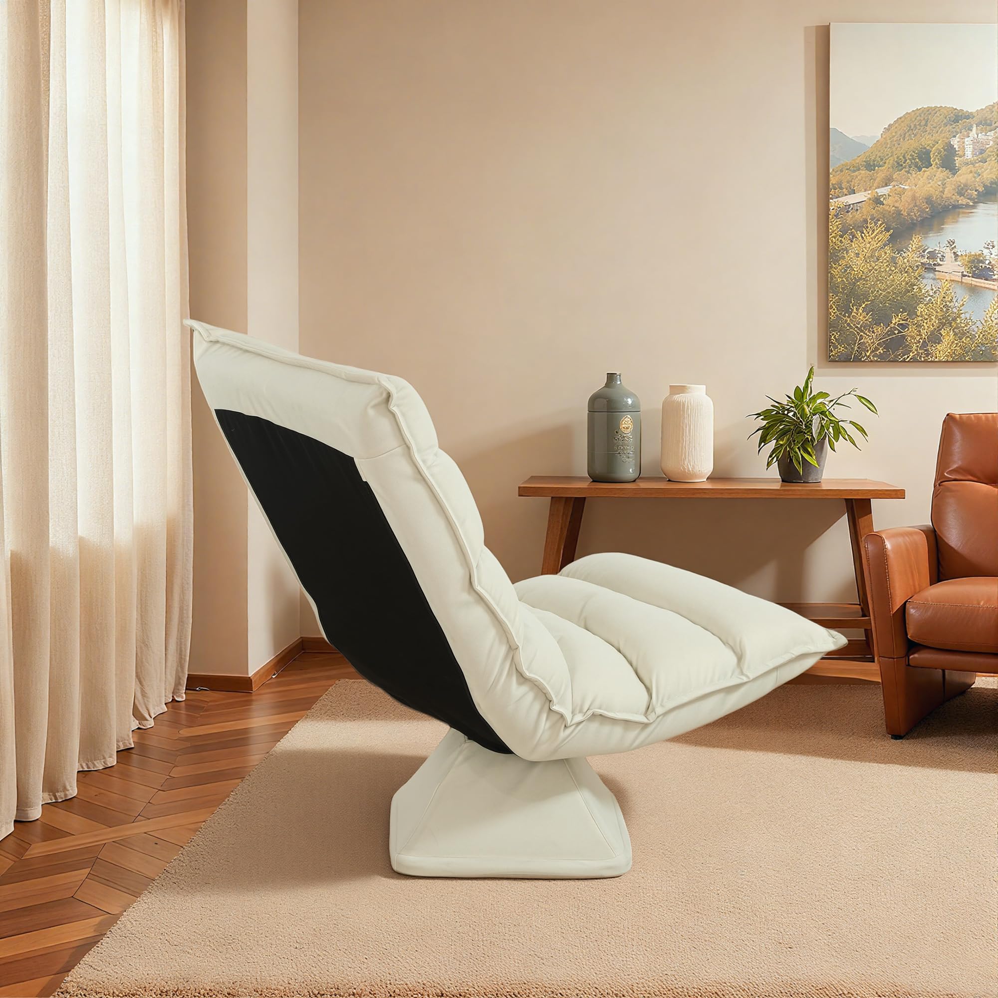 HOMCOM Poltrona Relax Tessuto Imbottita Girevole a 360° 62x70x95cm Beige | Poltrona Reclinabile a 3 Livelli, per TV, Giochi, Lettura, Yoga e Ufficio