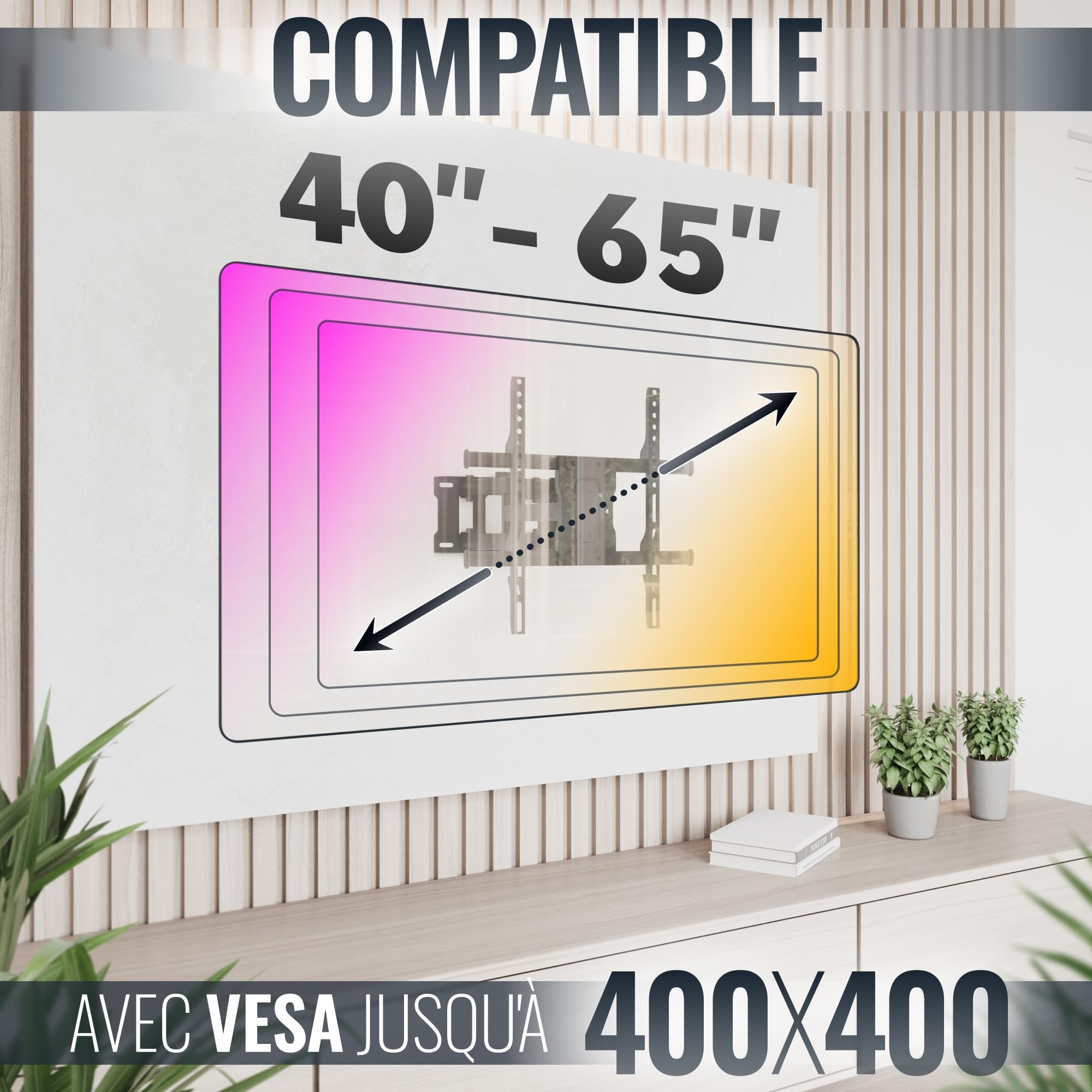 RICOO S7244 Support Mural TV 40 42 43 48 50 55 58 60 65 Pouces VESA 200x200 à VESA 400x400 Orientable Inclinable Rotatif Universel Fixation Murale TV