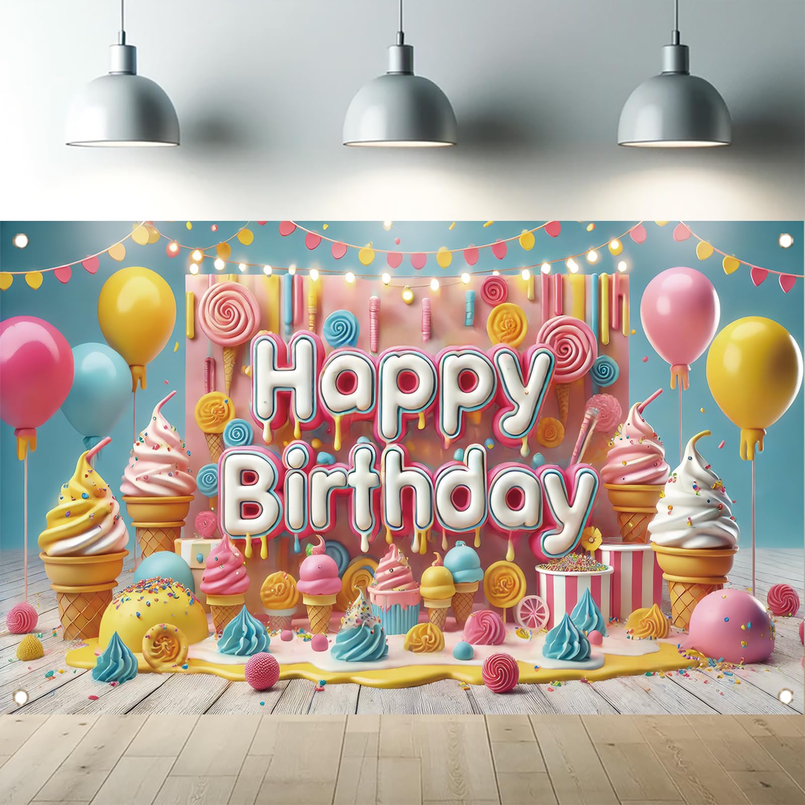 Starlit Patio Ice Cream Birthday Party Backdrop Decorations Sweet Summer Ice Cream Party Favors Happy Birthday Banner Photography Background Photo