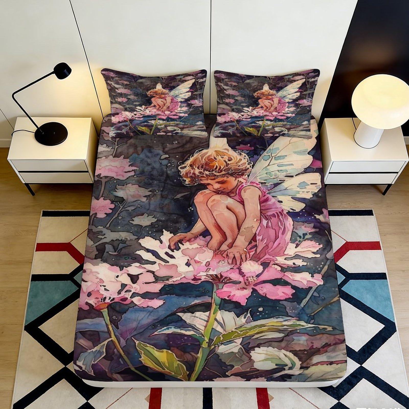 3D Printed Fairy Blossom Fitted Sheet Microfiber Soft Non-Slip Mattress Cover for Bedroom Guest Room Decor 90x200x25cm
