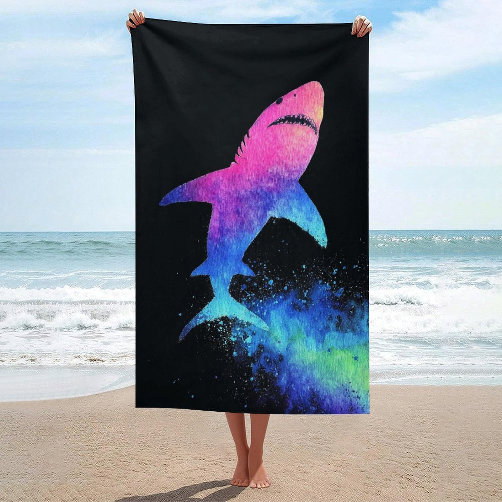 LSRCPD A Cool Neon Color Shark Beach Towel Sand Free Microfiber Large Shower Towels Multipurpose Absorbent for Bathroom Pool 130x80 CM