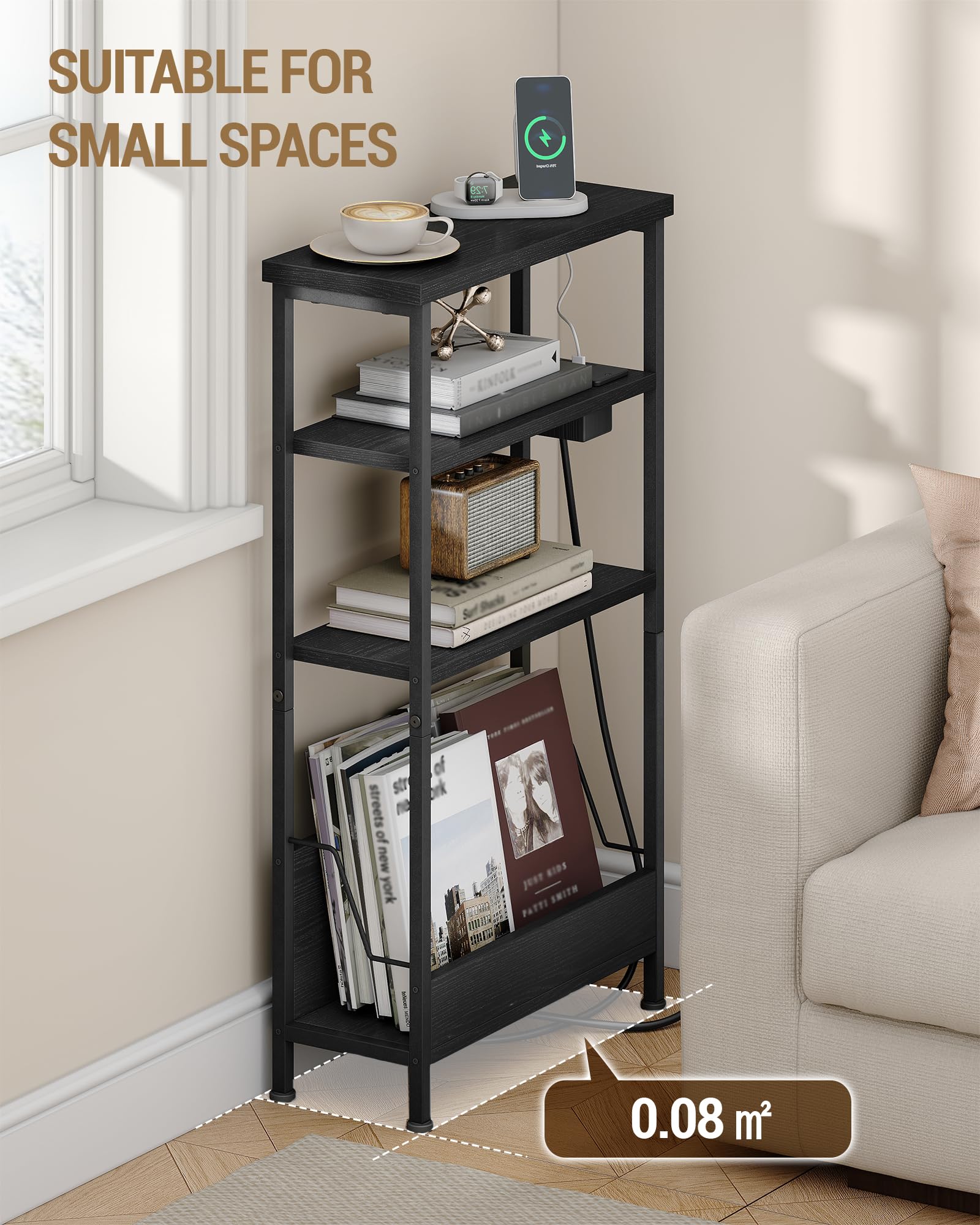 Hzuaneri Mesa Auxiliar Estrecha de 4 Niveles con Portarevistas y Toma de Carga, Mesita para Sofá de Salón, Dormitorio, Estudio, Negro ET40004BEU