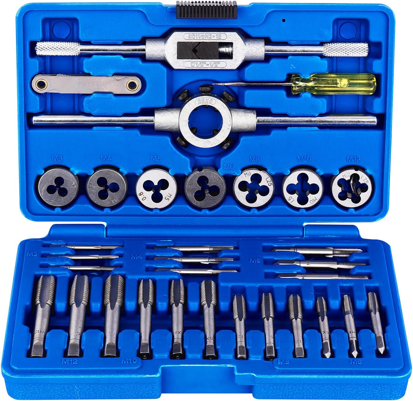 Metric Tap and Die Set with Storage Case, 32 Pieces Complete M3 to M12 Tapping and Threading Tools for Tap Wrench Alloy Steel for Internal and External Thread Tapping Cutting Set