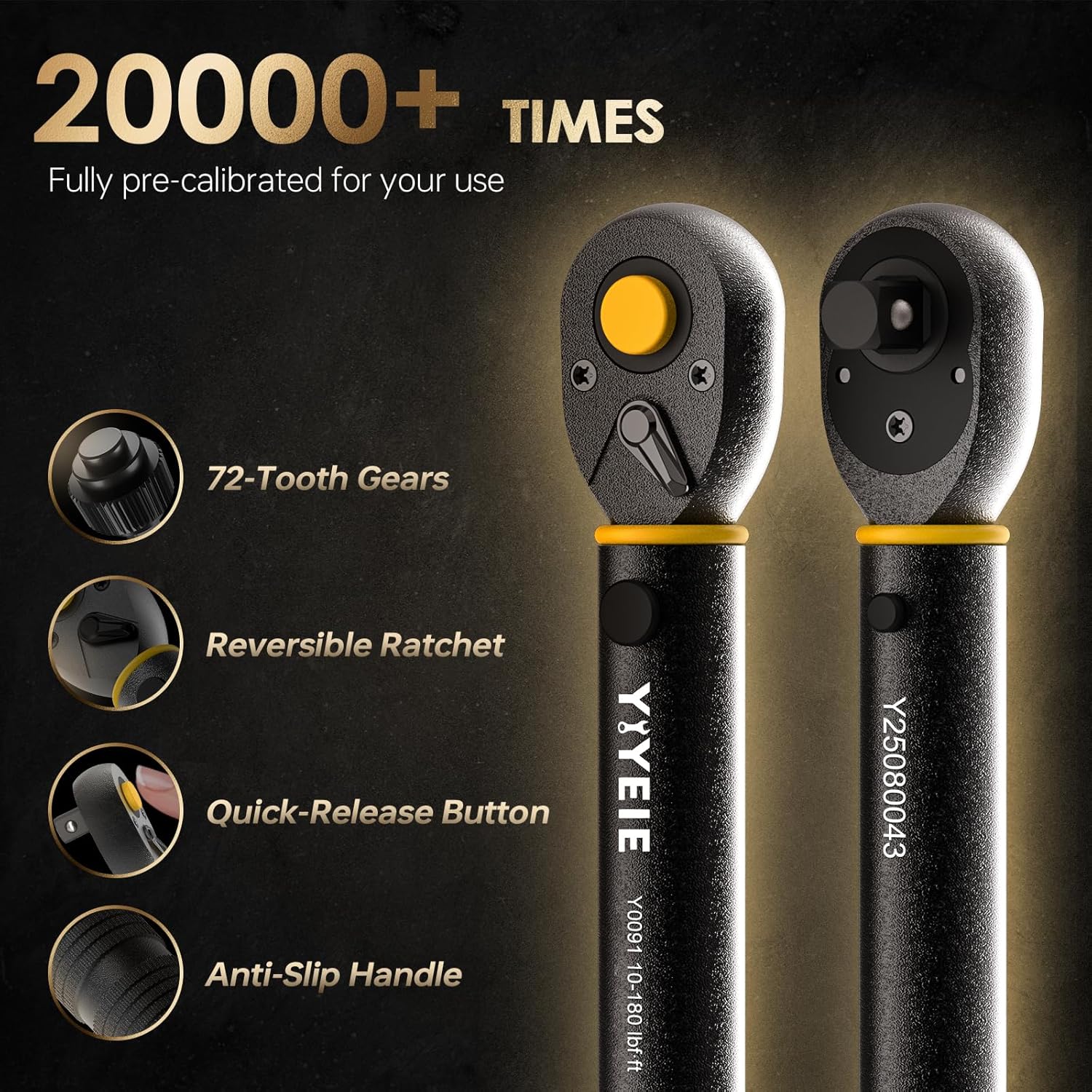 Features of the YIYEIE torque wrench: 72-tooth gears, reversible ratchet, quick-release button, anti-slip handle